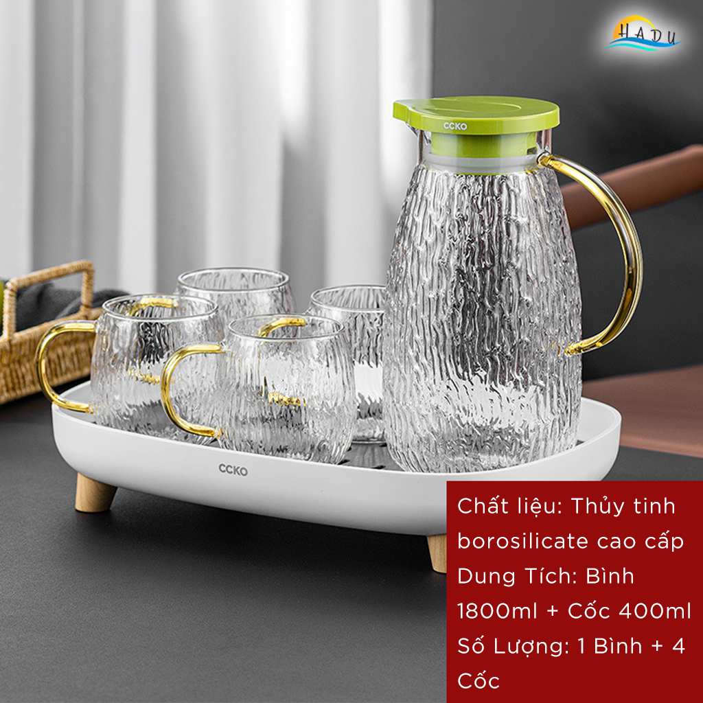 Bộ Bình và Cốc Thủy Tinh CCKO, Bình 1.8L Nắp Tự Động, Chịu Nhiệt, Nhiều Màu