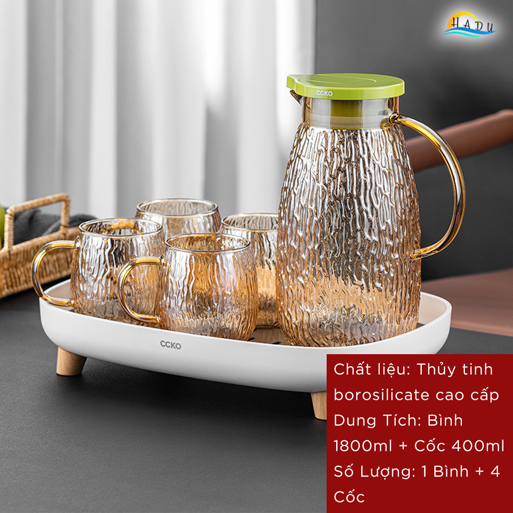 Bộ Bình và Cốc Thủy Tinh CCKO, Bình 1.8L Nắp Tự Động, Chịu Nhiệt, Nhiều Màu