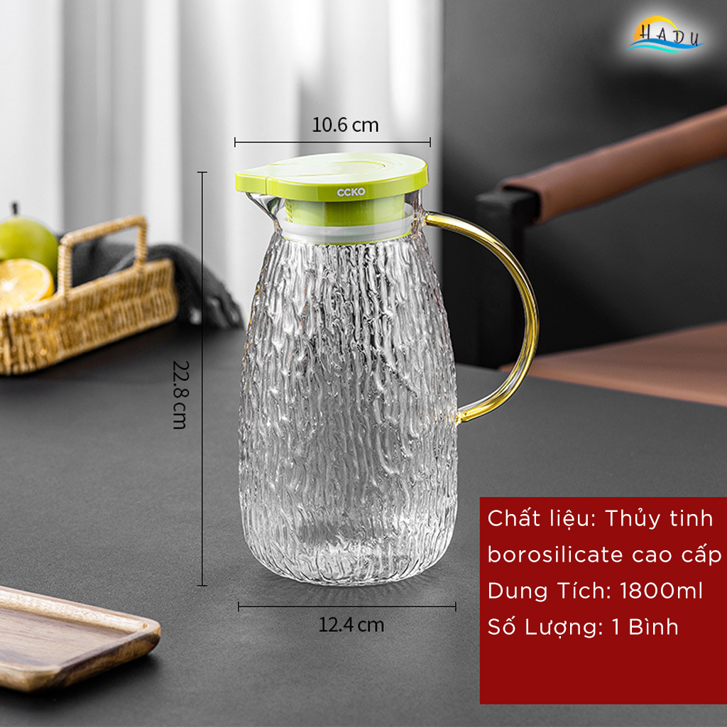 Bộ Bình và Cốc Thủy Tinh CCKO, Bình 1.8L Nắp Tự Động, Chịu Nhiệt, Nhiều Màu