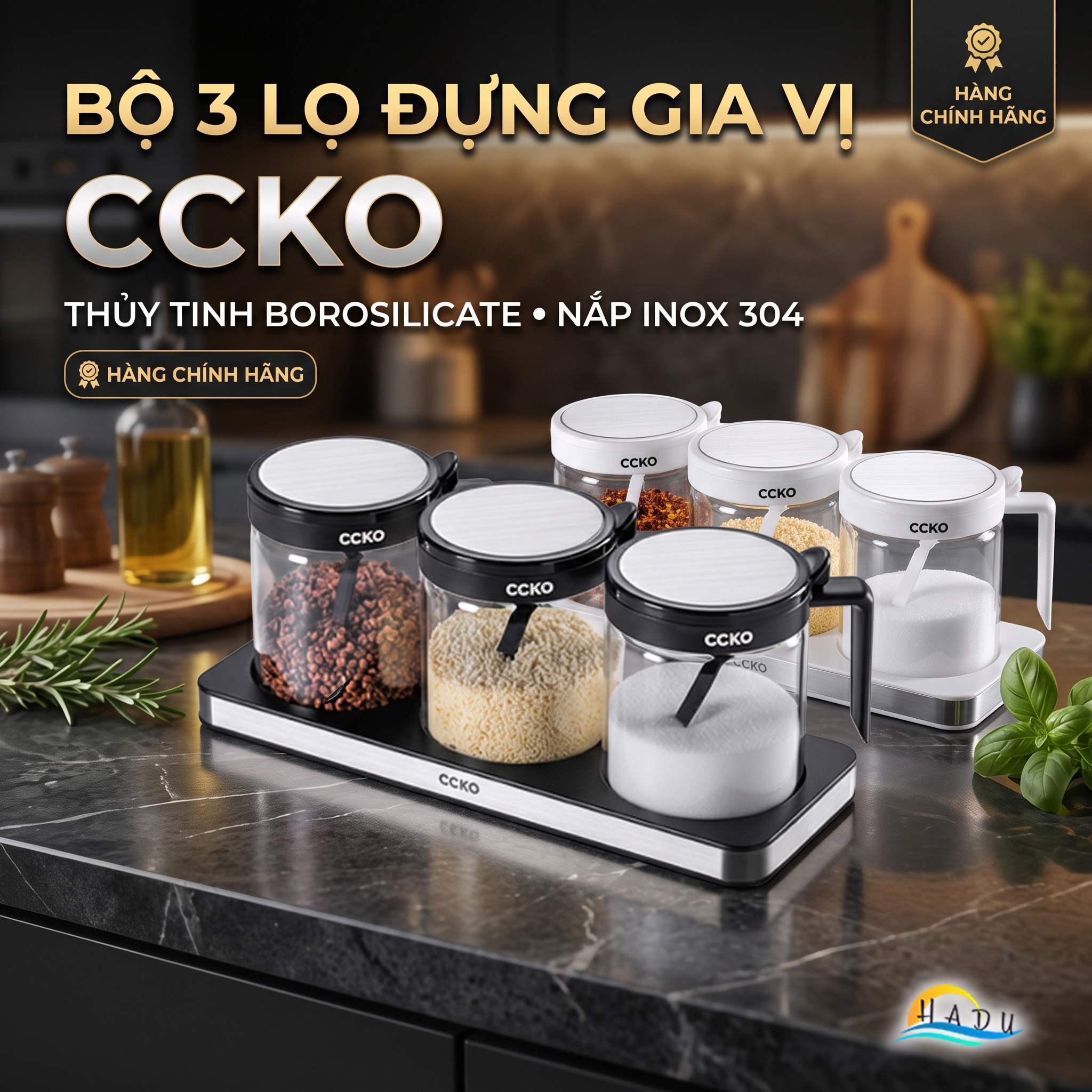 Bộ 3 Hũ Đựng Gia Vị Thủy Tinh CCKO, Nắp Vỏ Sò, Kèm Thìa và Khay