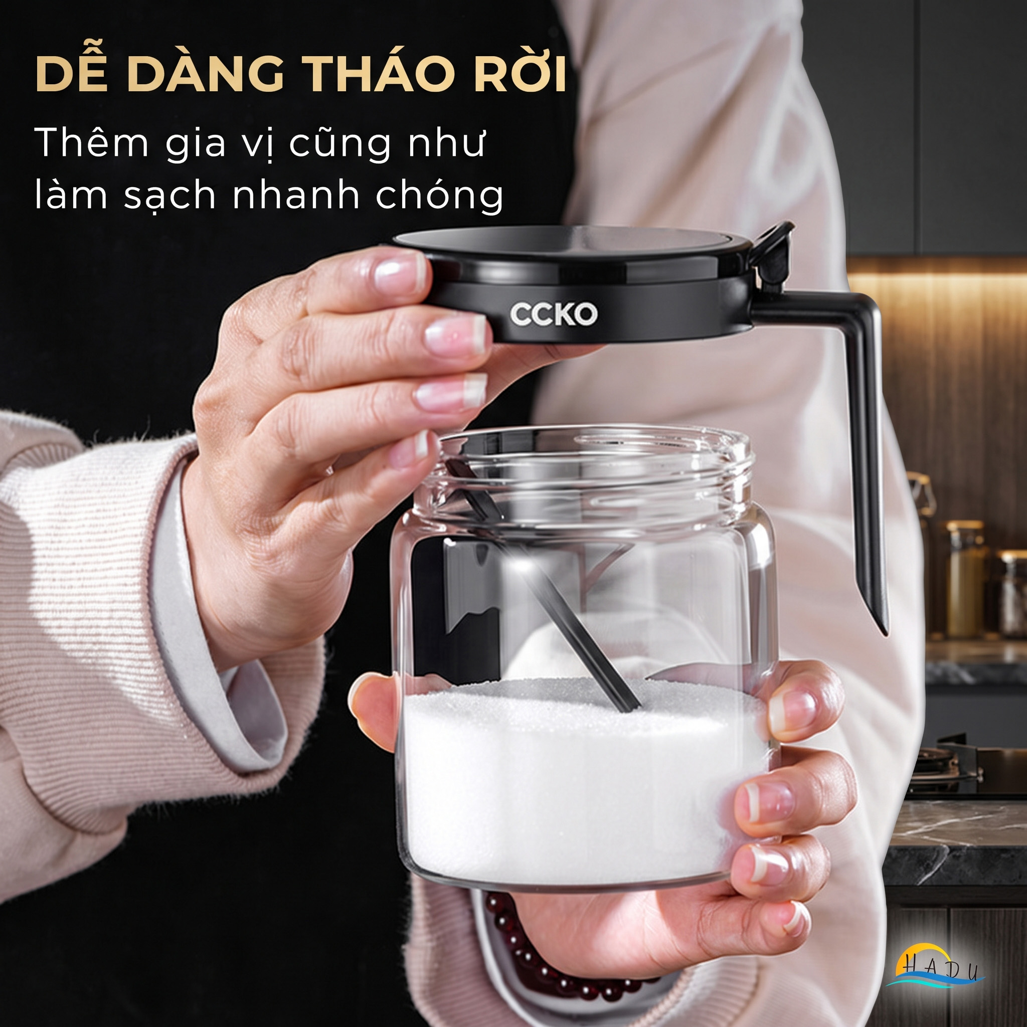 Bộ 3 Hũ Đựng Gia Vị Thủy Tinh CCKO, Nắp Vỏ Sò, Kèm Thìa và Khay