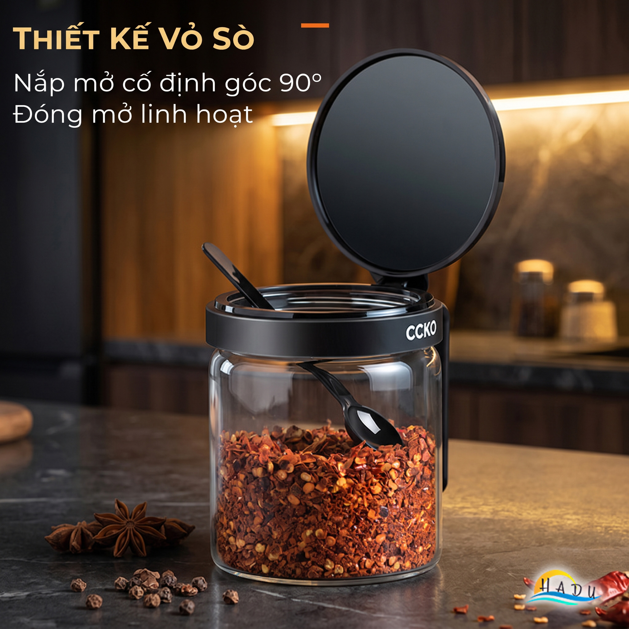 Bộ 3 Hũ Đựng Gia Vị Thủy Tinh CCKO, Nắp Vỏ Sò, Kèm Thìa và Khay