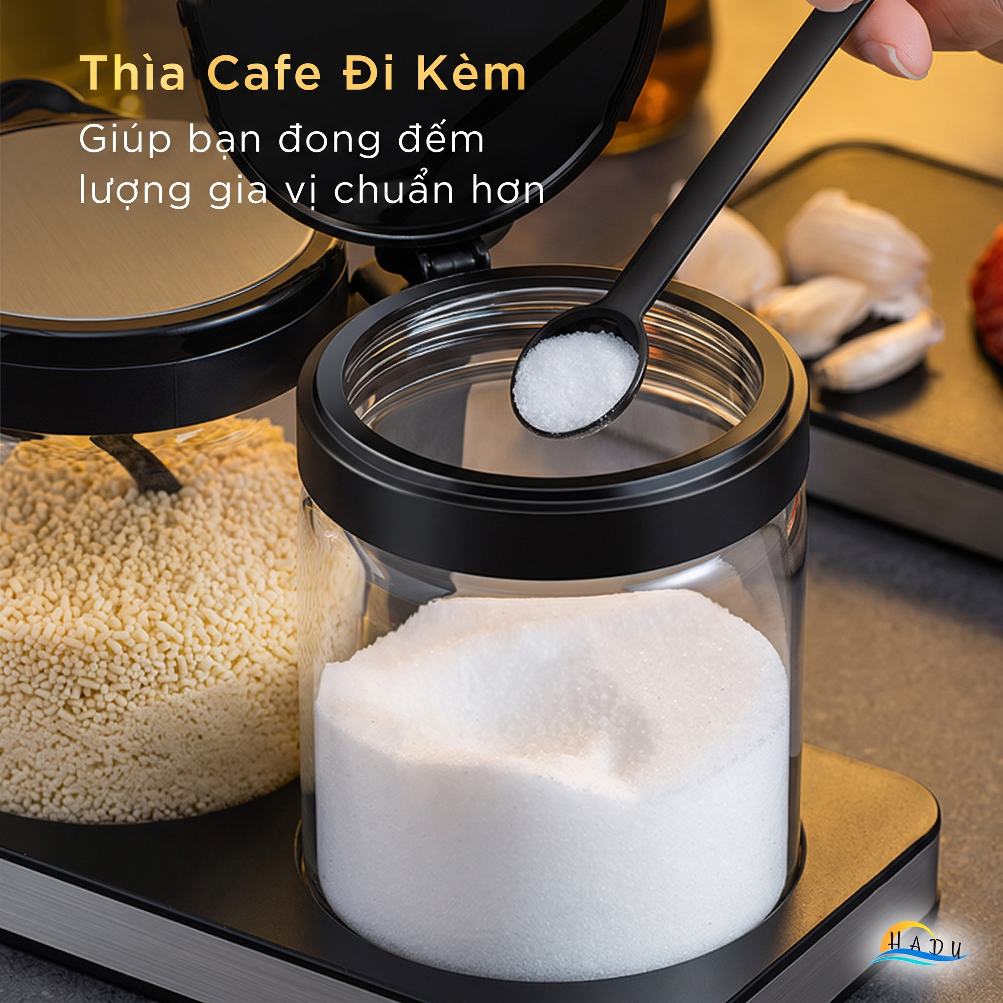 Bộ 3 Hũ Đựng Gia Vị Thủy Tinh CCKO, Nắp Vỏ Sò, Kèm Thìa và Khay