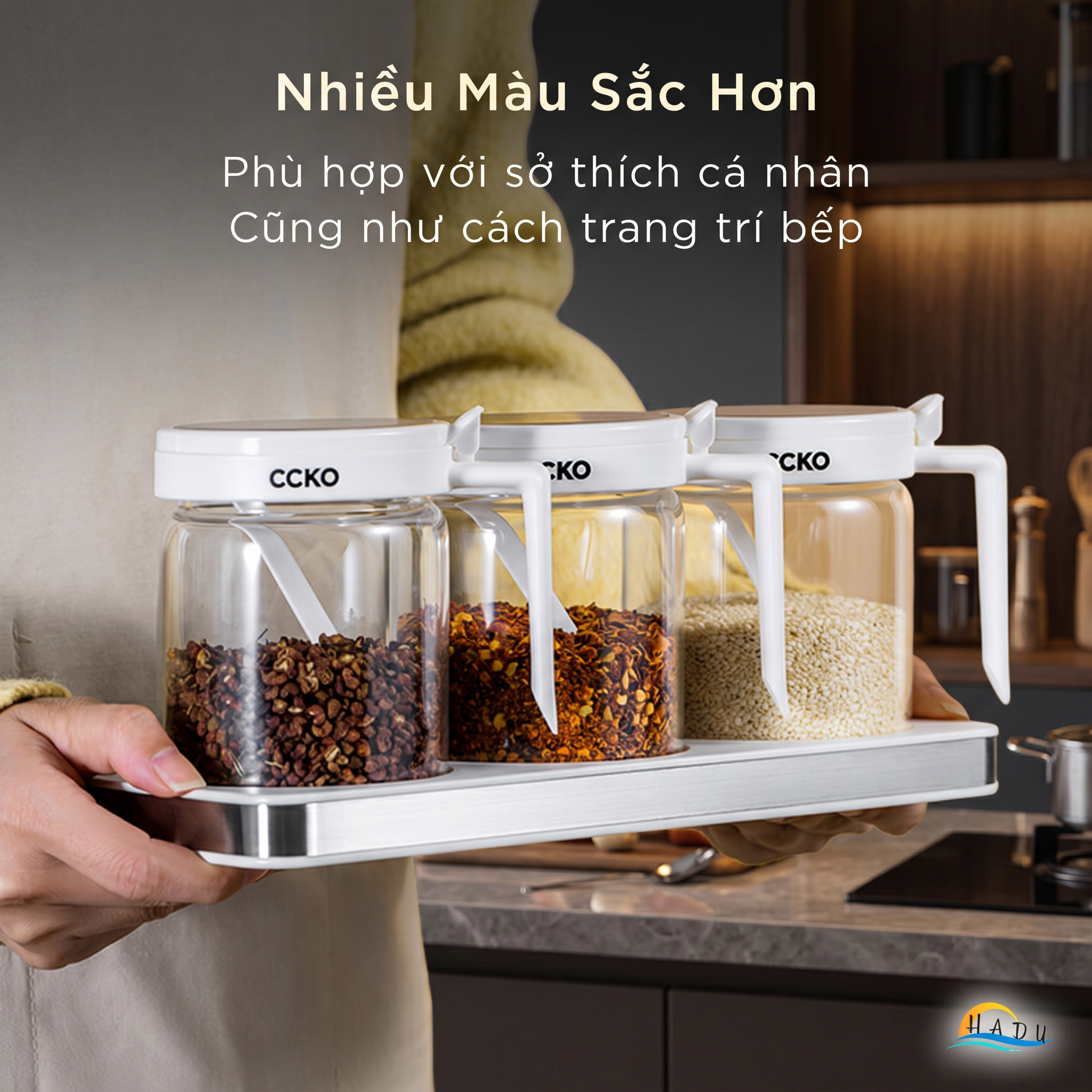 Bộ 3 Hũ Đựng Gia Vị Thủy Tinh CCKO, Nắp Vỏ Sò, Kèm Thìa và Khay