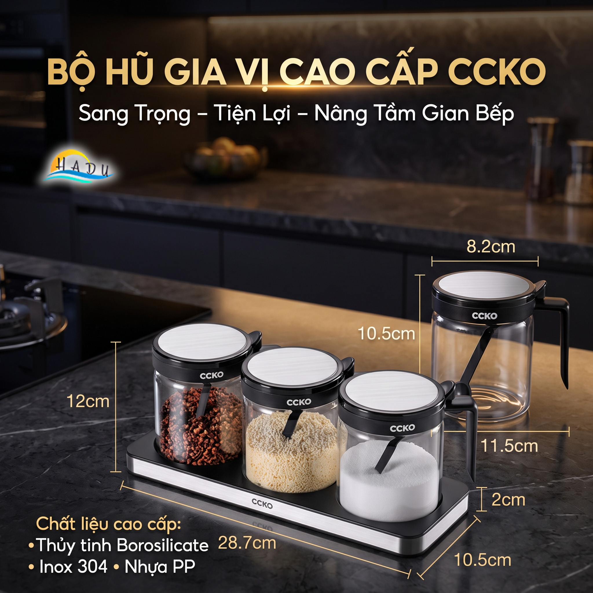 Bộ 3 Hũ Đựng Gia Vị Thủy Tinh CCKO, Nắp Vỏ Sò, Kèm Thìa và Khay
