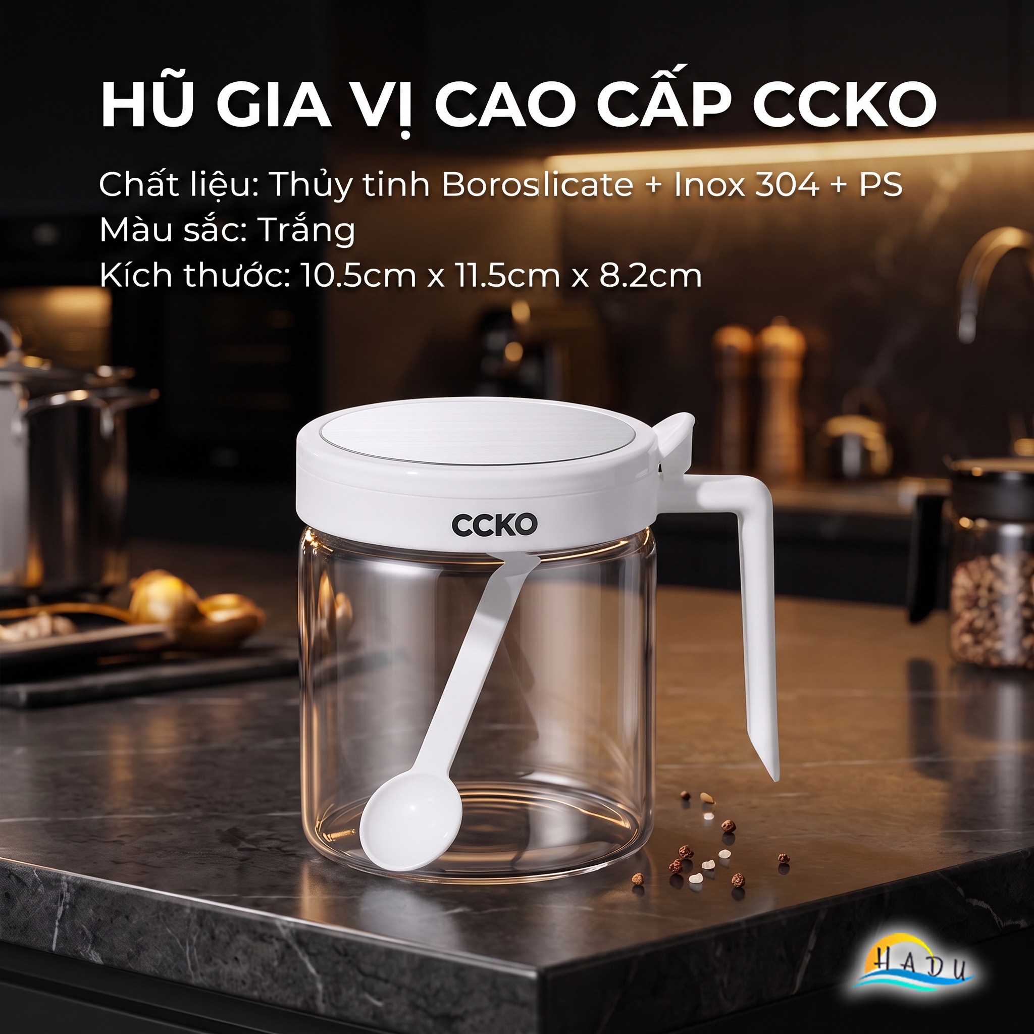 Bộ 3 Hũ Đựng Gia Vị Thủy Tinh CCKO, Nắp Vỏ Sò, Kèm Thìa và Khay