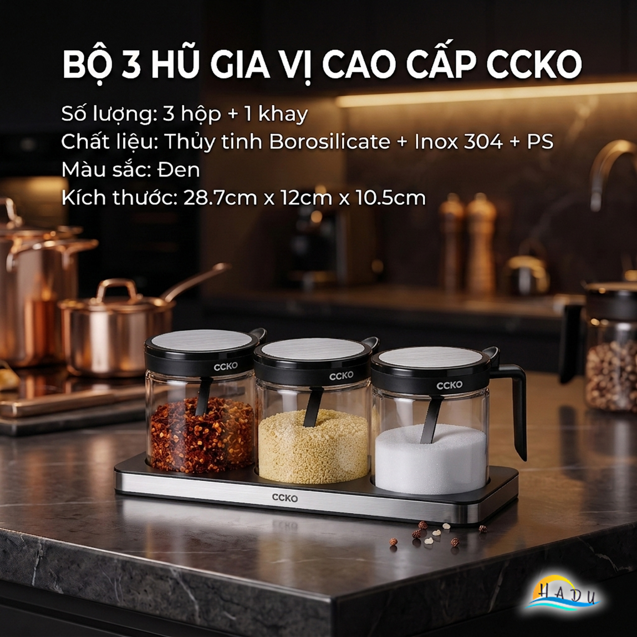 Bộ 3 Hũ Đựng Gia Vị Thủy Tinh CCKO, Nắp Vỏ Sò, Kèm Thìa và Khay