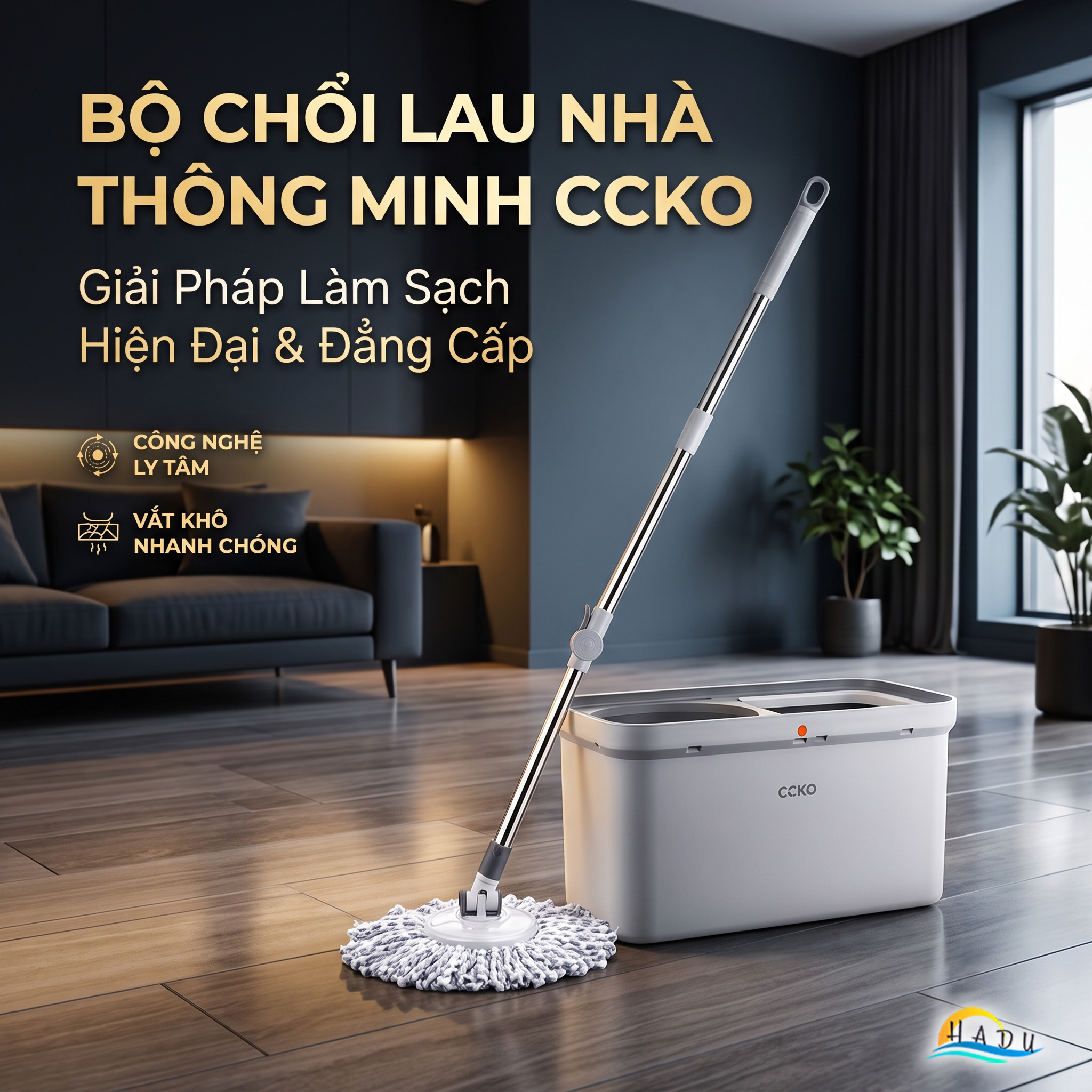 Bộ Lau Nhà Xoay 360° CCKO, Tự Giặt và Vắt Thông Minh, Kèm 2 Bông Lau Microfiber