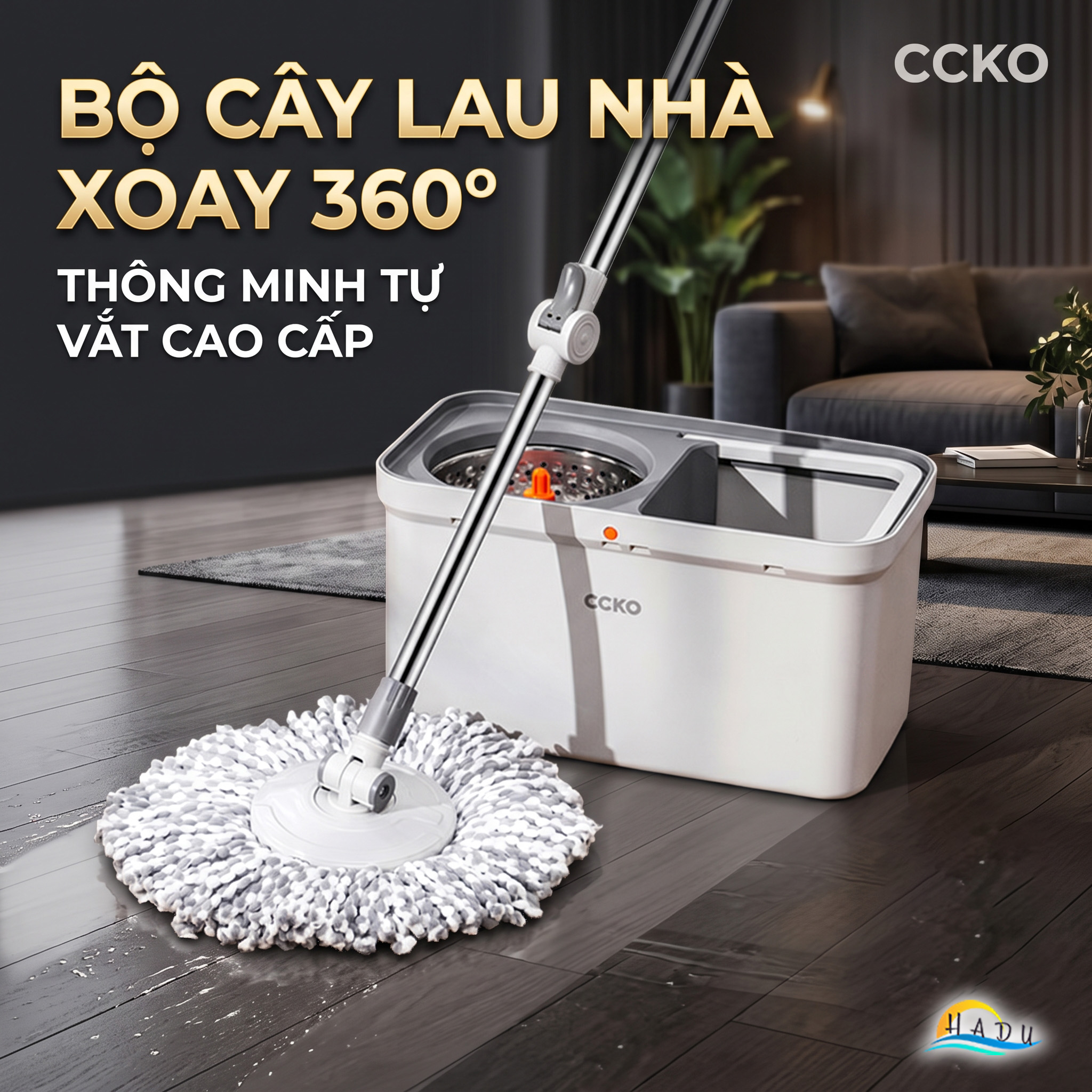 Bộ Lau Nhà Xoay 360° CCKO, Tự Giặt và Vắt Thông Minh, Kèm 2 Bông Lau Microfiber