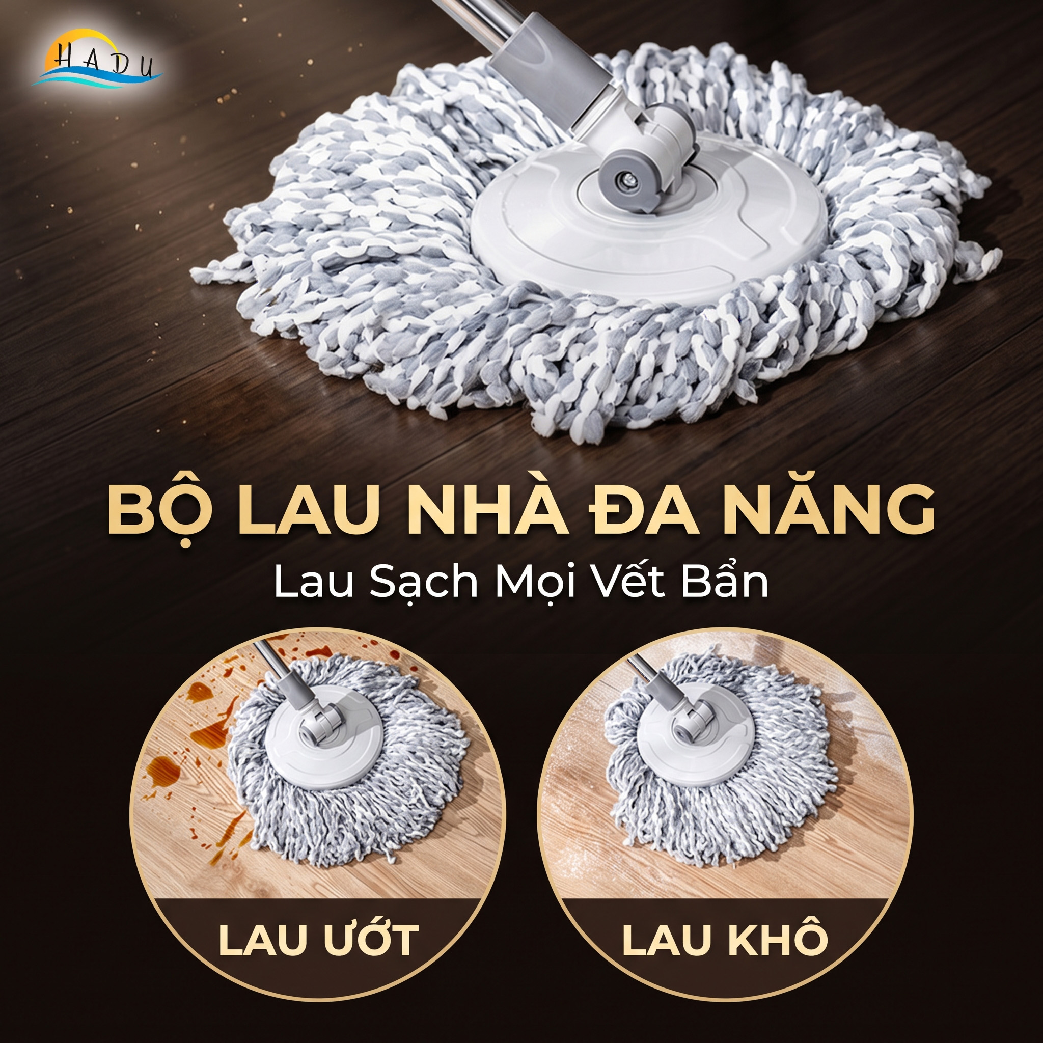 Bộ Lau Nhà Xoay 360° CCKO, Tự Giặt và Vắt Thông Minh, Kèm 2 Bông Lau Microfiber