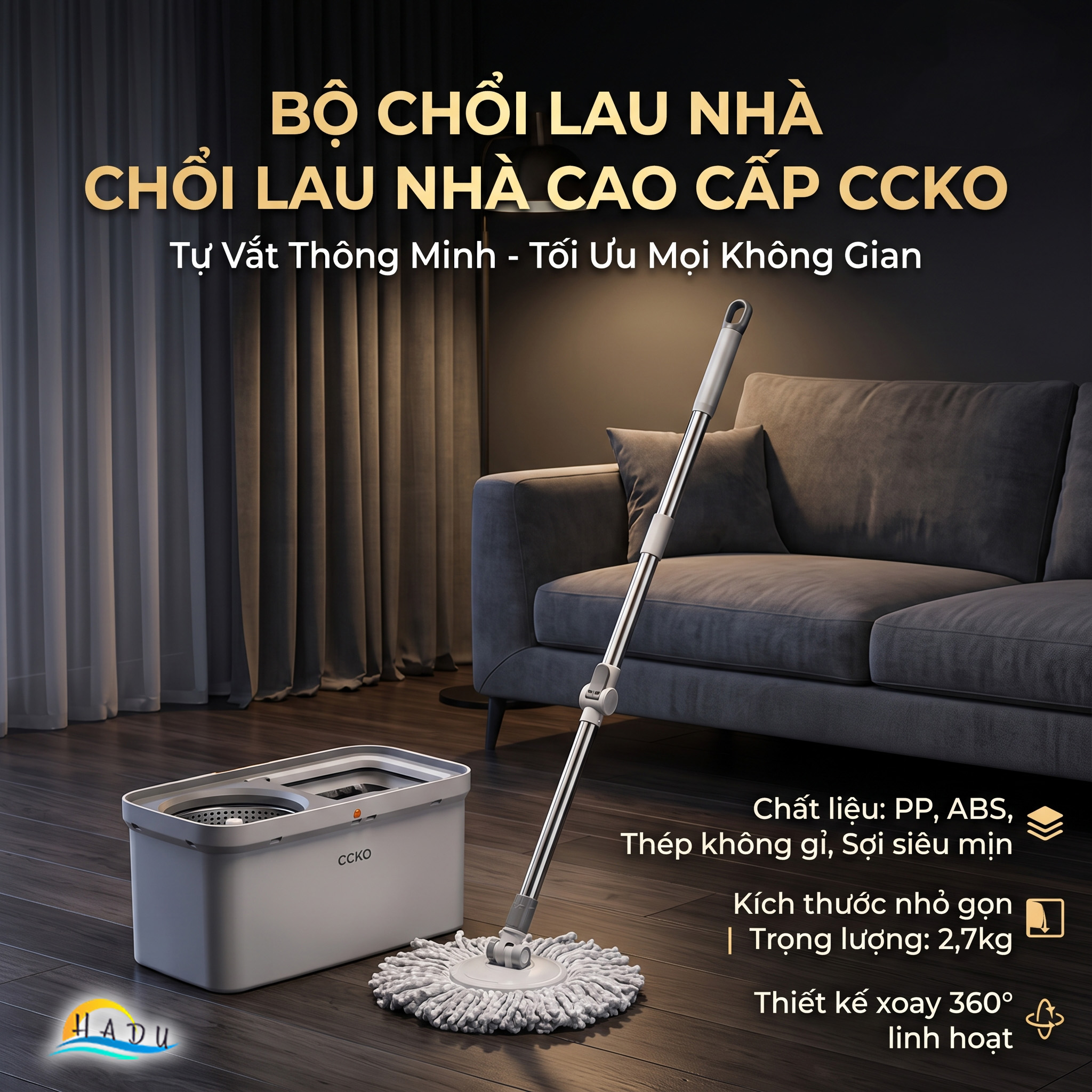 Bộ Lau Nhà Xoay 360° CCKO, Tự Giặt và Vắt Thông Minh, Kèm 2 Bông Lau Microfiber