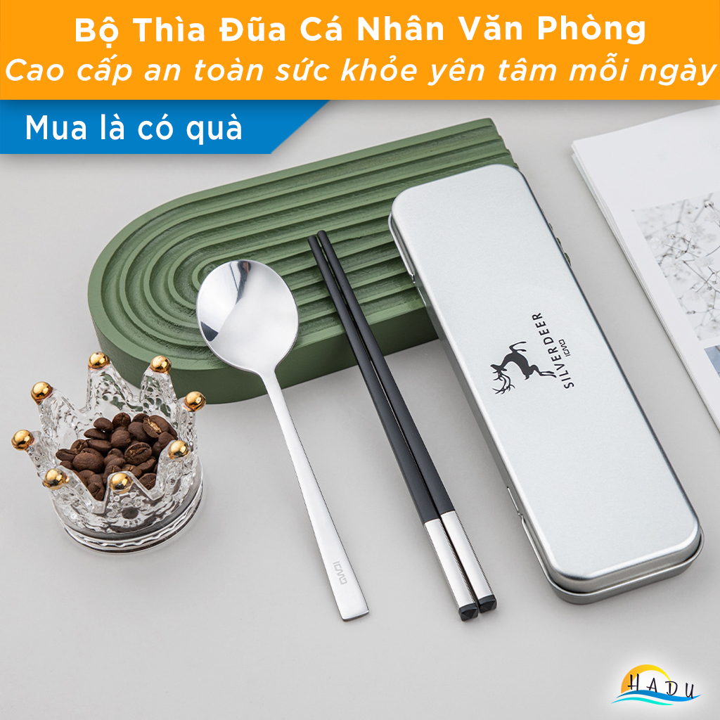 Bộ Thìa Đũa Cá Nhân Văn Phòng Inox Có Hộp Không Gỉ Cao Cấp Đạt Chất Lượng Đức HADU