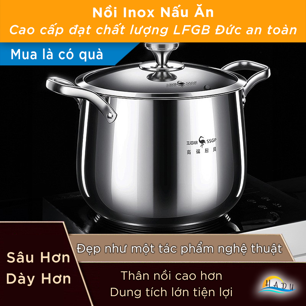 Nồi Luộc Gà Inox 304 Thành Cao SSGP 24cm 26cm, Đáy 5 Lớp, Dùng Bếp Từ, Đạt Chất Lượng LFGB Đức