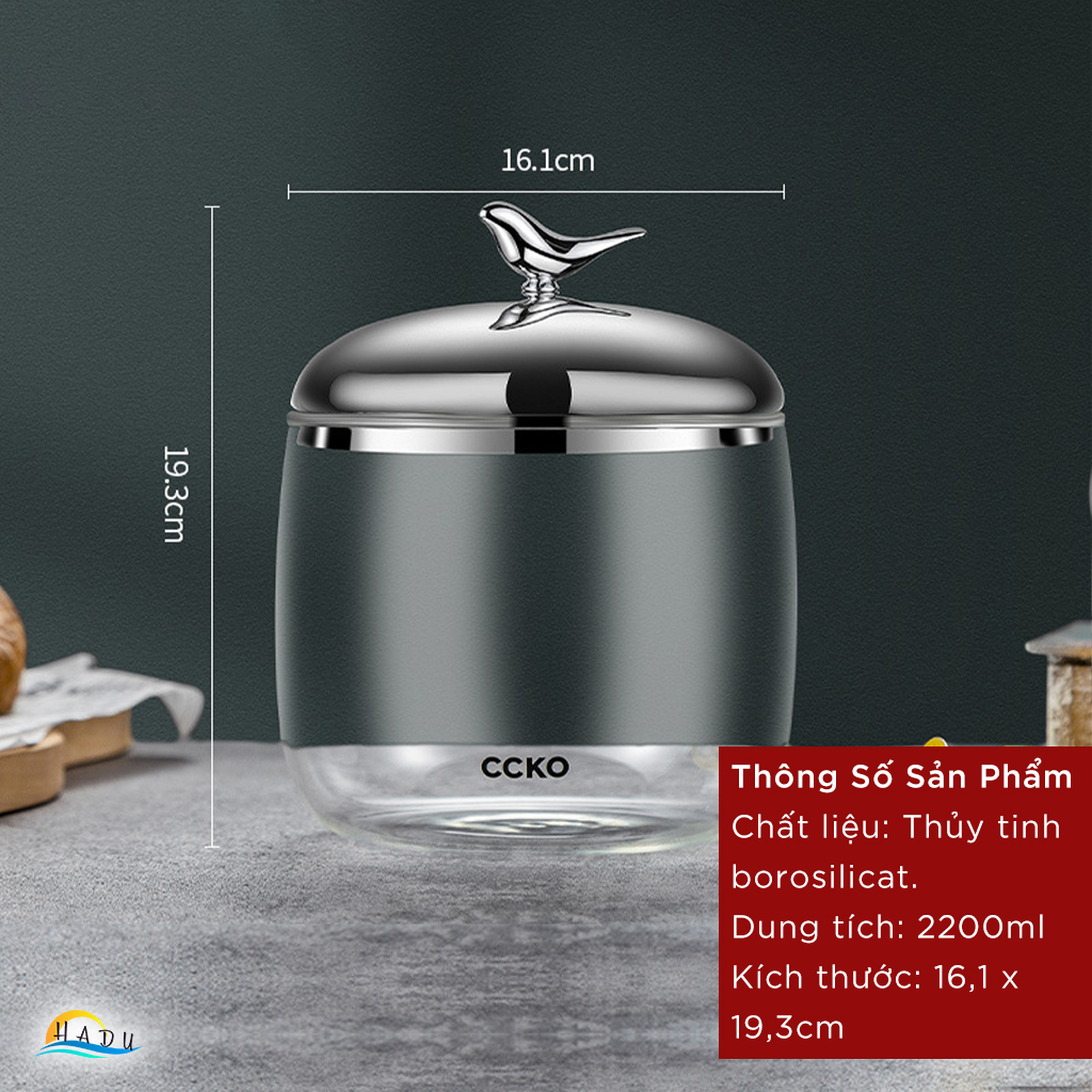 Hũ Đựng Bánh Kẹo Thủy Tinh Borosilicate CCKO 2.2L, Nắp Inox 304 Hình Con Chim