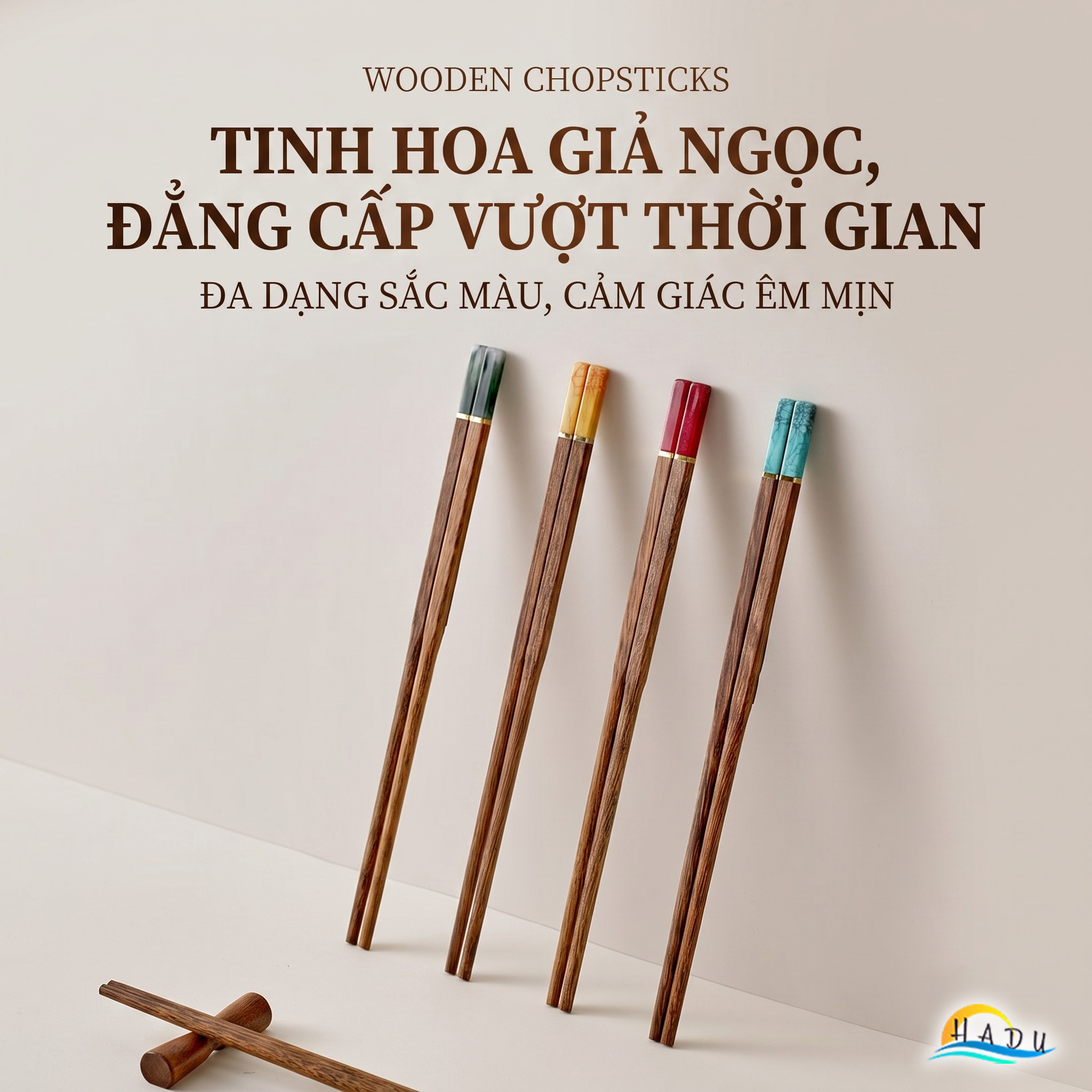 [5 Đôi] Đũa Ăn Cơm Gỗ Tự Nhiên Cánh Gà Cao Cấp Khảm Ngọc Thạch Sang Trọng Chống Ẩm Mốc HADU
