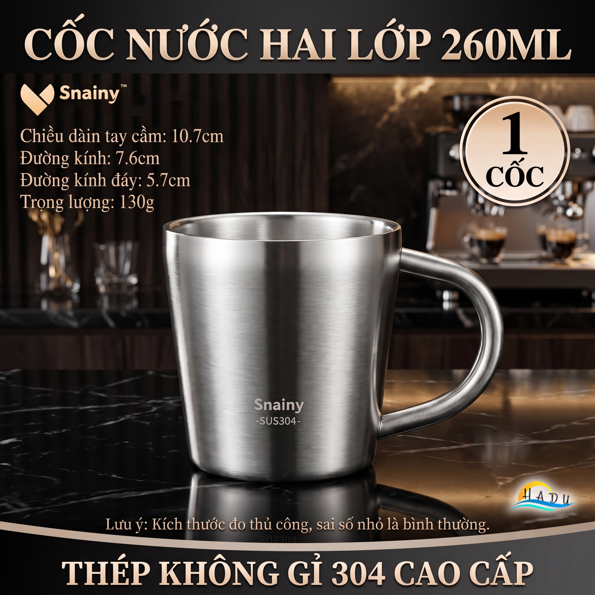 Cốc Ly Inox 304 Giữ Nhiệt 2 Lớp Cao Cấp Chống Nóng Có Tay Cầm Cao Cấp 200ml 260ml Snainy