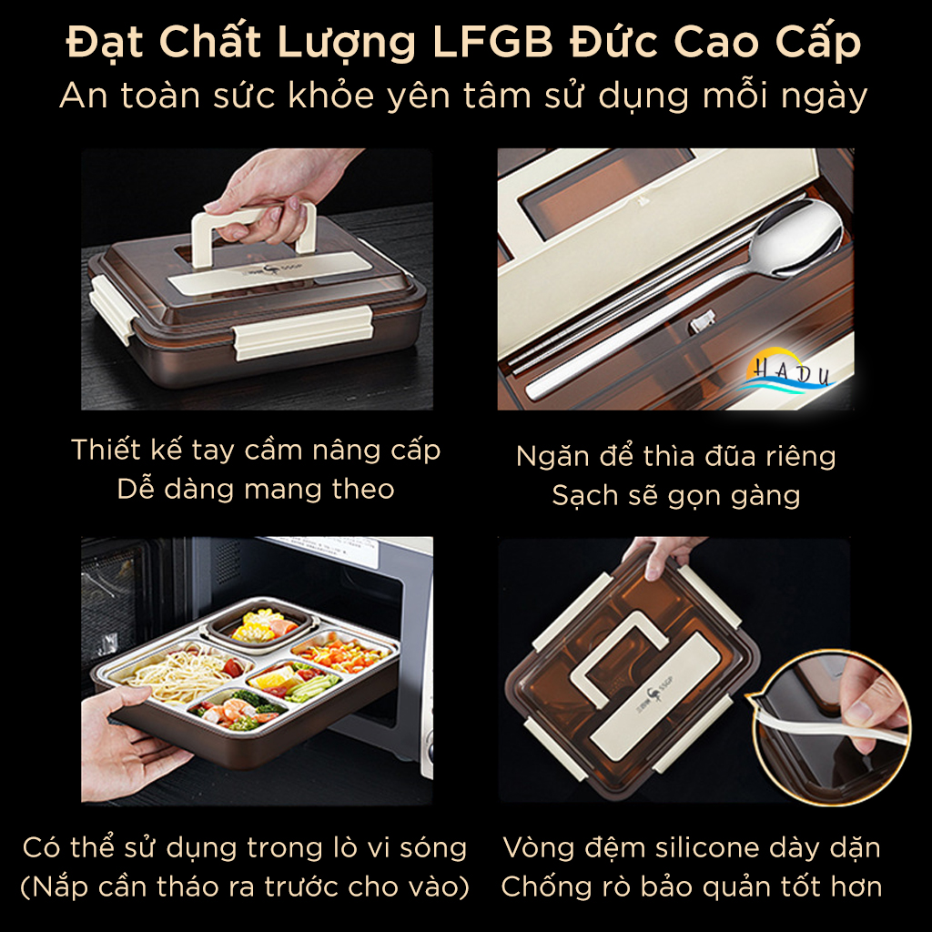 Hộp Cơm Inox 316L Dùng Lò Vi Sóng SSGP, 2.18L, 4 Ngăn Kèm Hộp Canh, Chống Tràn, Đạt Chất Lượng LFGB Đức