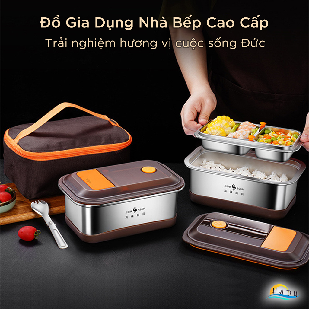 Hộp Cơm Giữ Nhiệt 2 Tầng SSGP 1600ml, Lõi Inox 304, Dùng Lò Vi Sóng, Kèm Túi`, Đạt Chất Lượng LFGB Đức