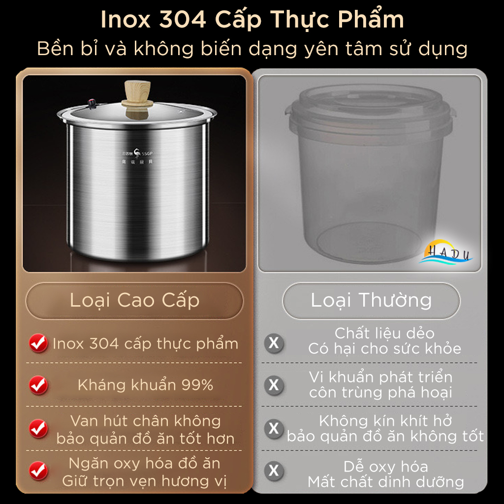 Thùng Đựng Gạo Hút Chân Không SSGP 15KG, Inox 304, Nắp Kính, Đạt Chất Lượng LFGB Đức