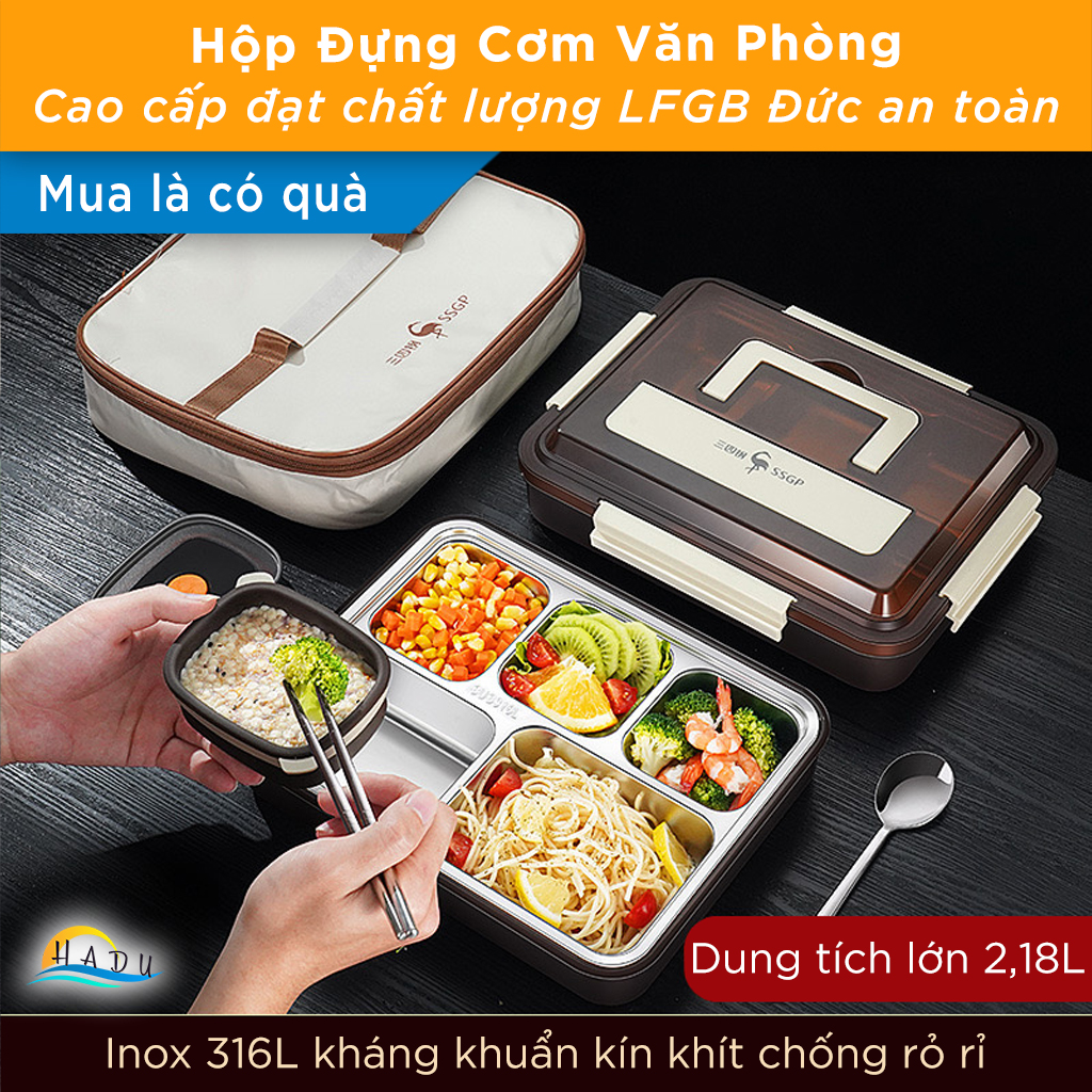 Hộp Cơm Inox 316L Dùng Lò Vi Sóng SSGP, 2.18L, 4 Ngăn Kèm Hộp Canh, Chống Tràn, Đạt Chất Lượng LFGB Đức