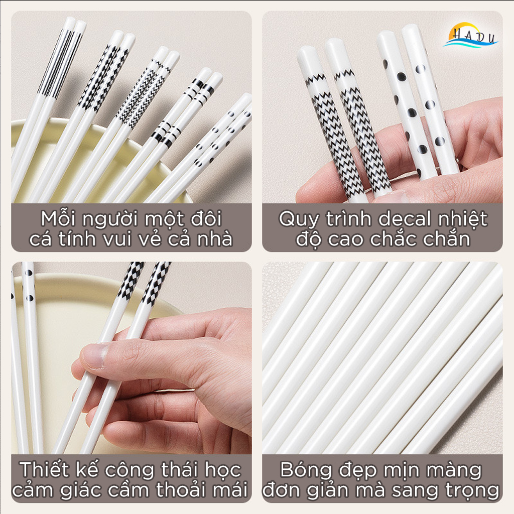 Bộ 5 Đôi Đũa Gốm Sứ HADU Cao Cấp, Chịu Nhiệt, Dùng Cho Máy Rửa Bát, 24.5cm