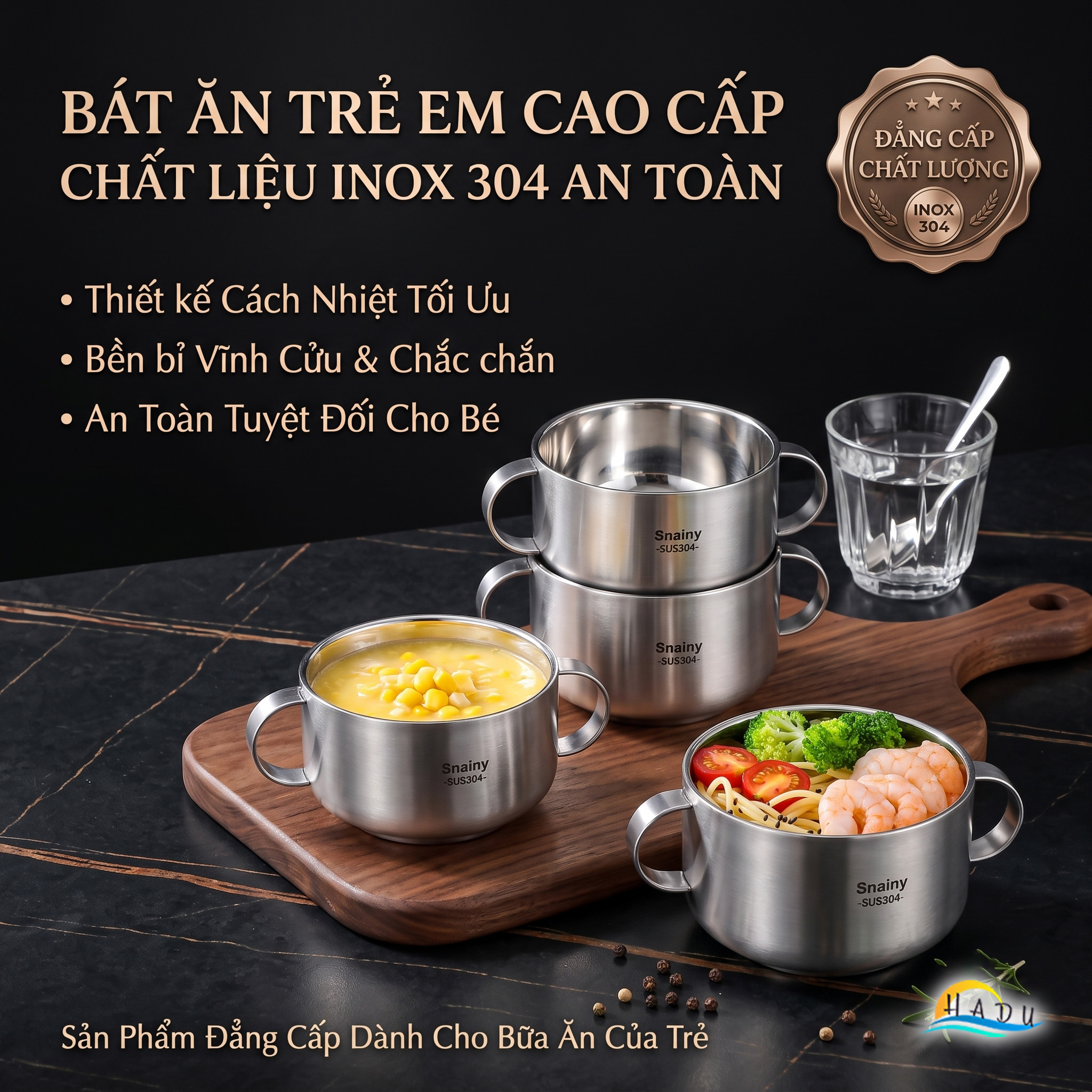 Bát Tô Chén Ăn Dặm Inox 304 Hai Quai Cách Nhiệt Chân Không Chống Nóng Cho Bé Snainy