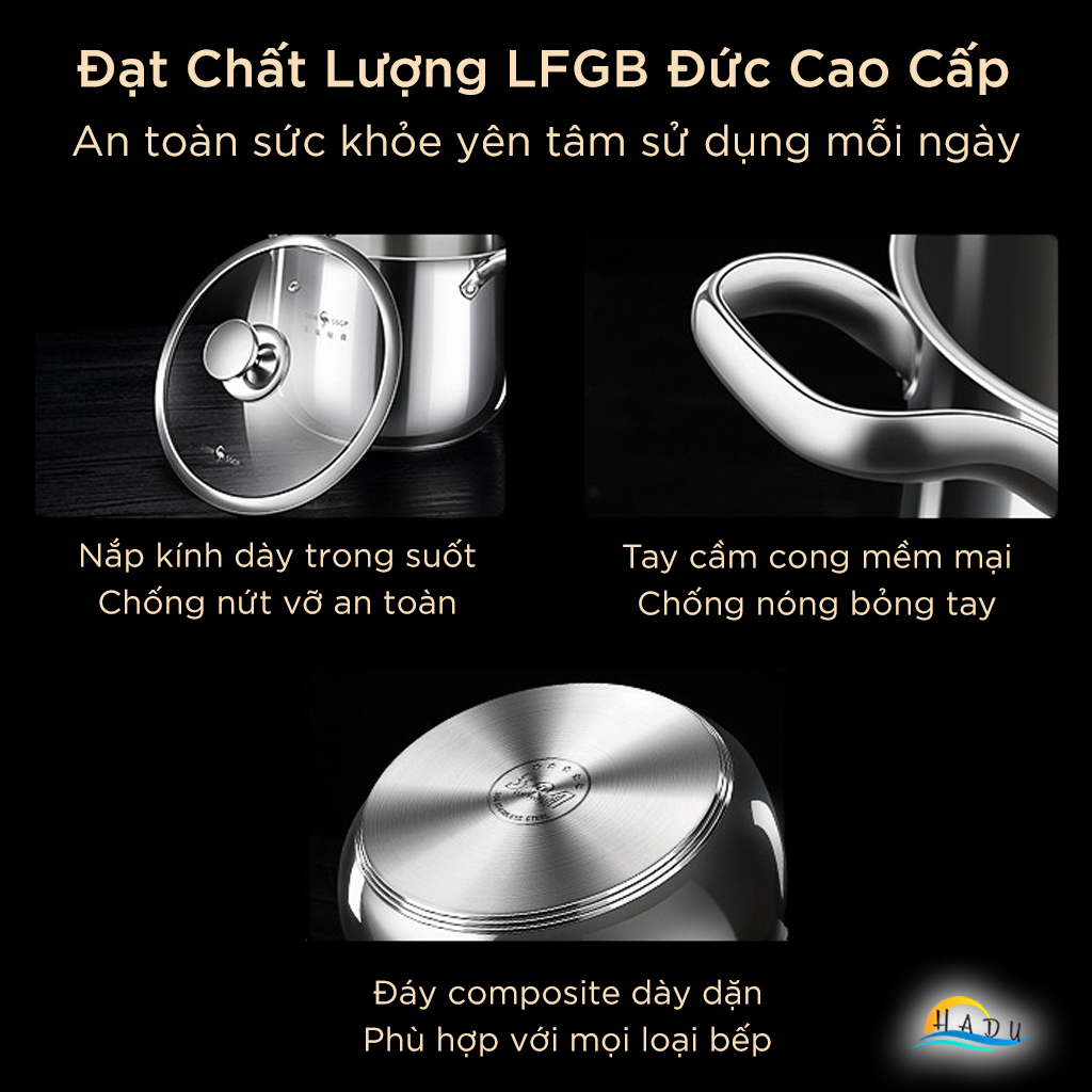 Nồi Luộc Gà Inox 304 Thành Cao SSGP 24cm 26cm, Đáy 5 Lớp, Dùng Bếp Từ, Đạt Chất Lượng LFGB Đức