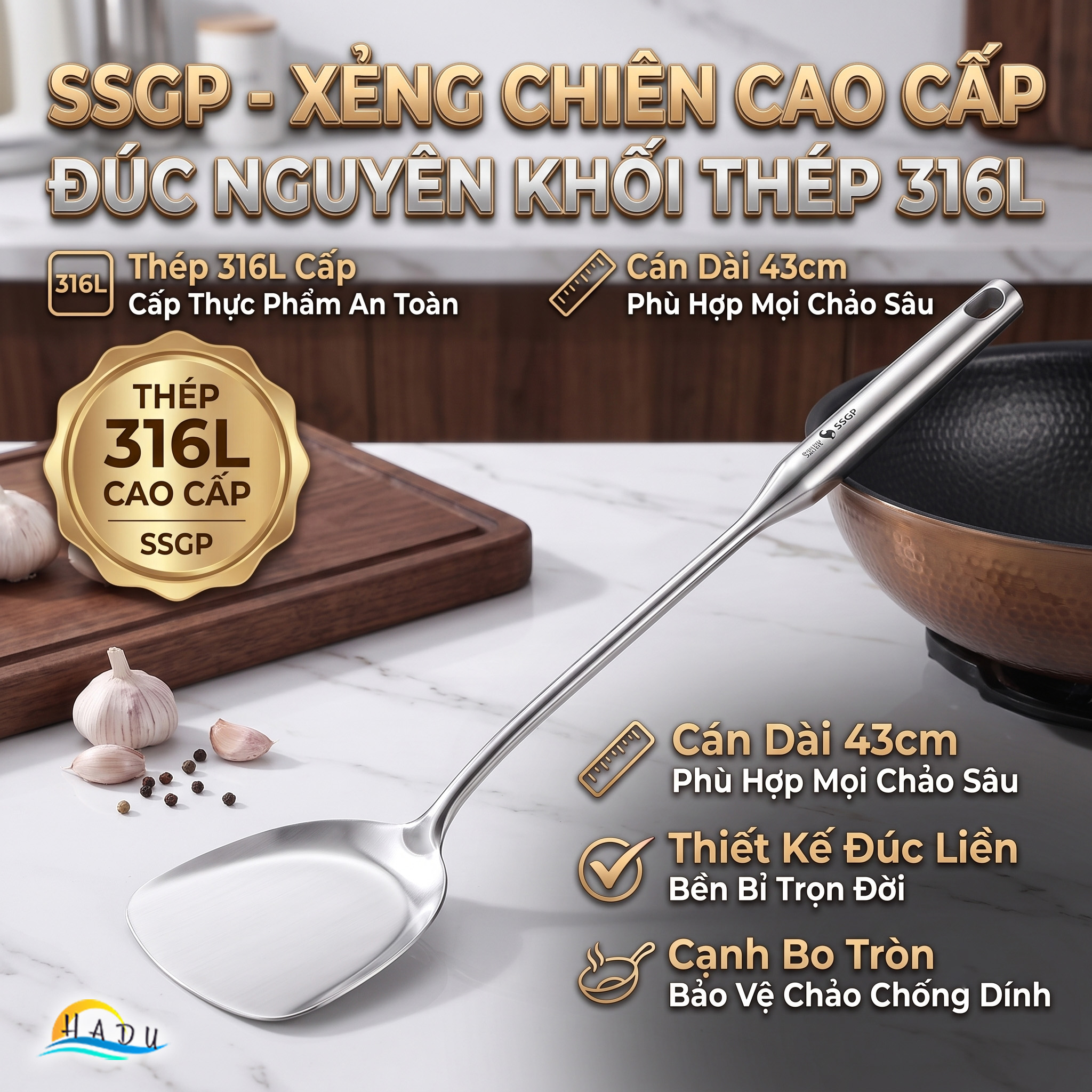Xẻng Sạn Xào Chiên Lật Inox 316L Cao Cấp Cán Dài 43cm Bo Tròn An Toàn Đạt Chất Lượng LFGB Đức SSGP