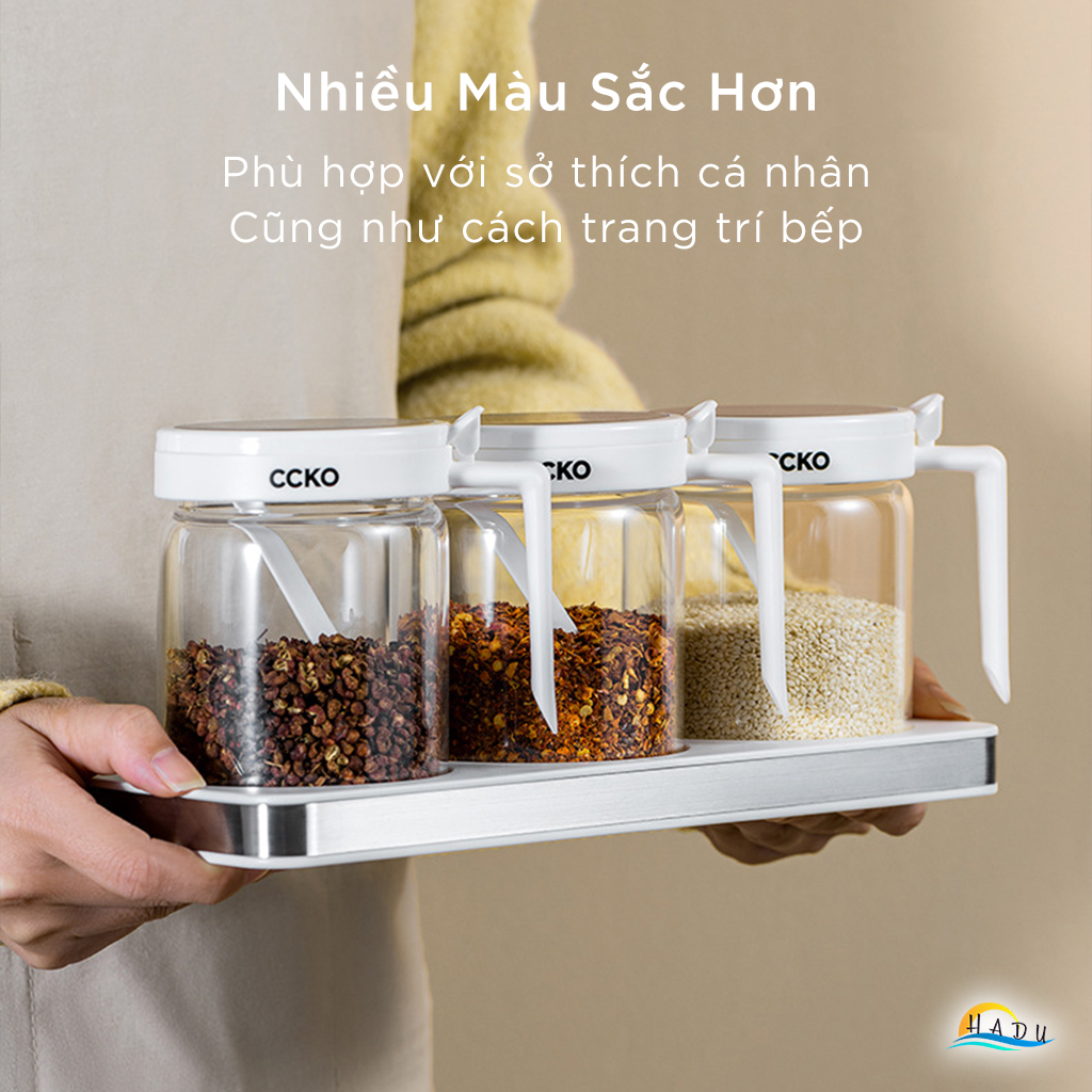 Bộ 3 Hũ Đựng Gia Vị Thủy Tinh CCKO, Nắp Vỏ Sò, Kèm Thìa và Khay