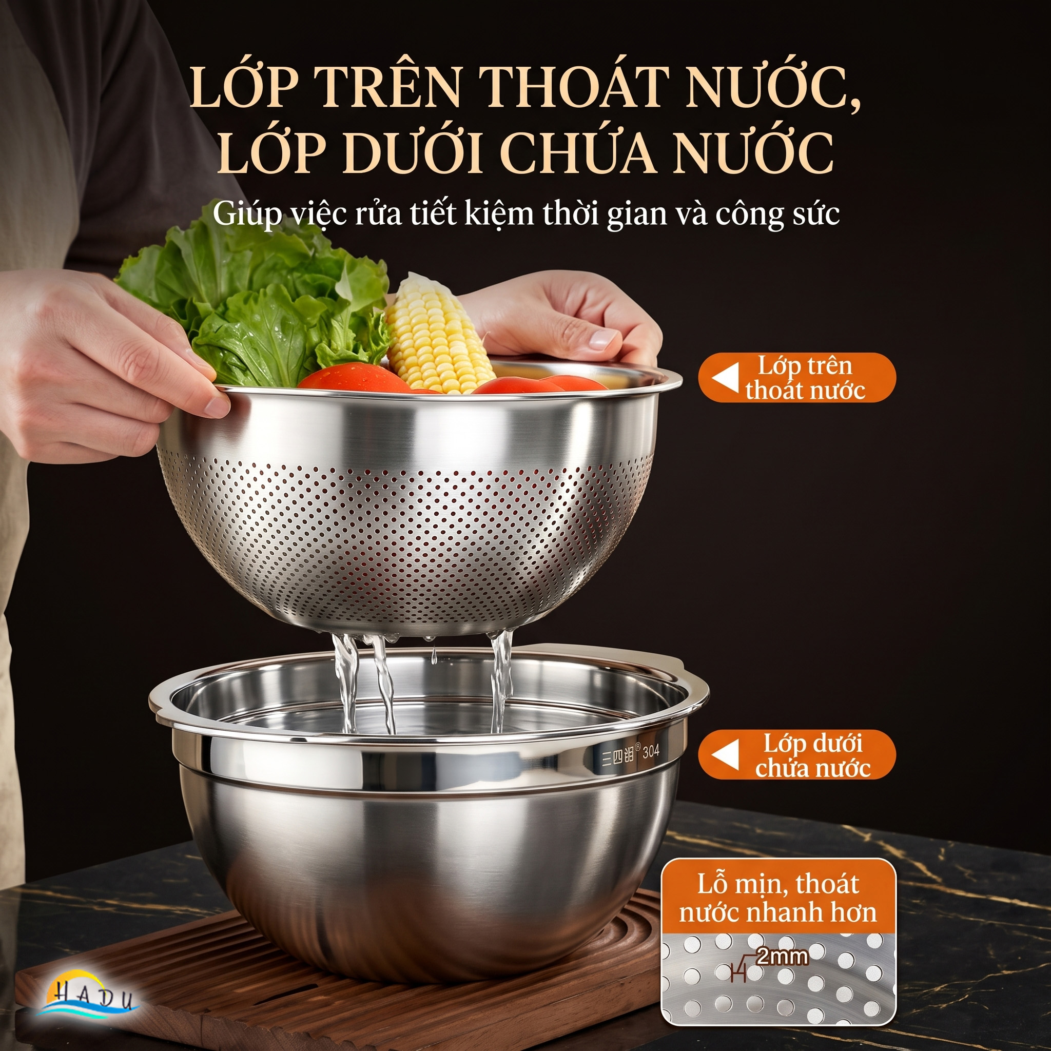 Bộ Rổ Chậu Thau Inox 304 Cao Cấp Dày Dặn Đa Năng Rửa Rau Vo Gạo Trộn Bột 25cm 27cm SSGP