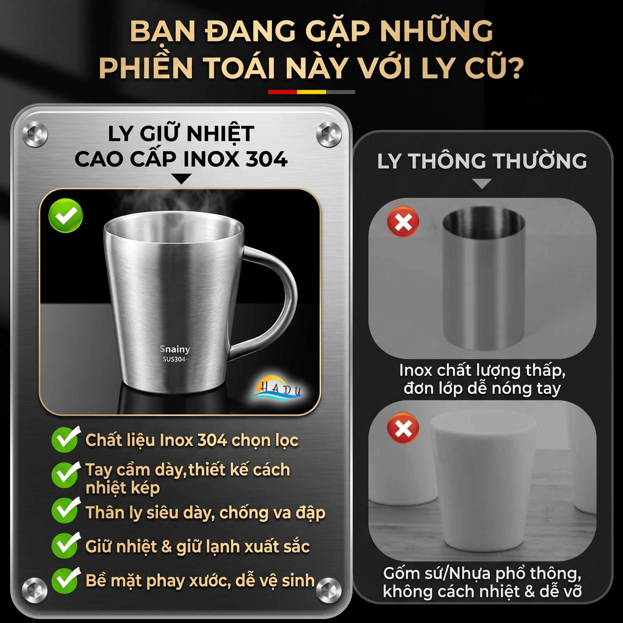 Cốc Ly Inox 304 Giữ Nhiệt 2 Lớp Cao Cấp Chống Nóng Có Tay Cầm Cao Cấp 200ml 260ml Snainy