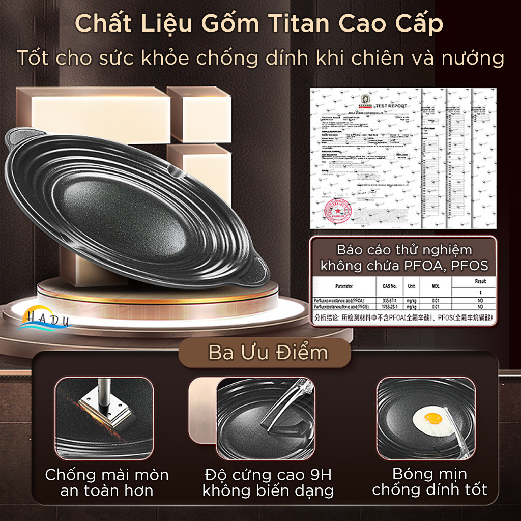 Chảo Nướng Gốm Titan SSGP Chống Dính, Size 32cm 38cm, Độ Cứng 9H, Không PFOA, Đạt Chất Lượng LFGB Đức