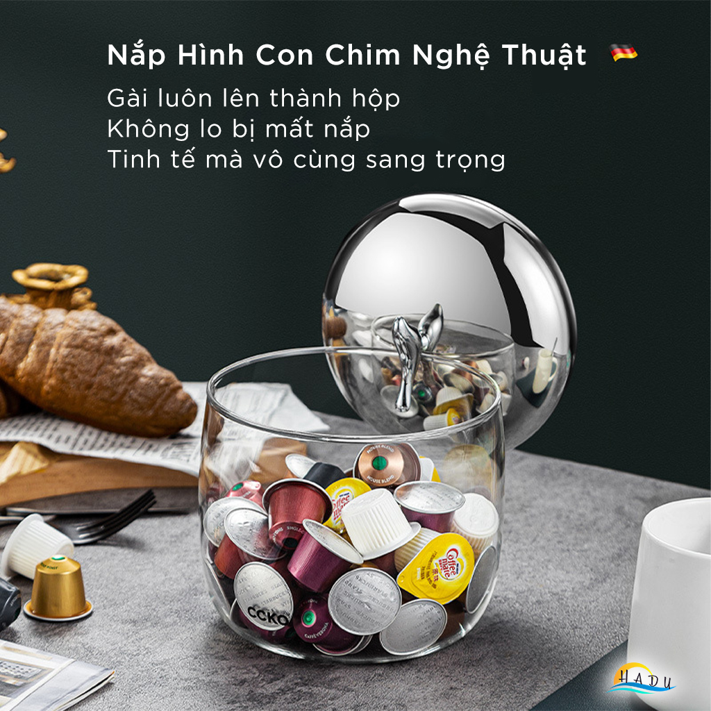 Hũ Đựng Bánh Kẹo Thủy Tinh Borosilicate CCKO 2.2L, Nắp Inox 304 Hình Con Chim
