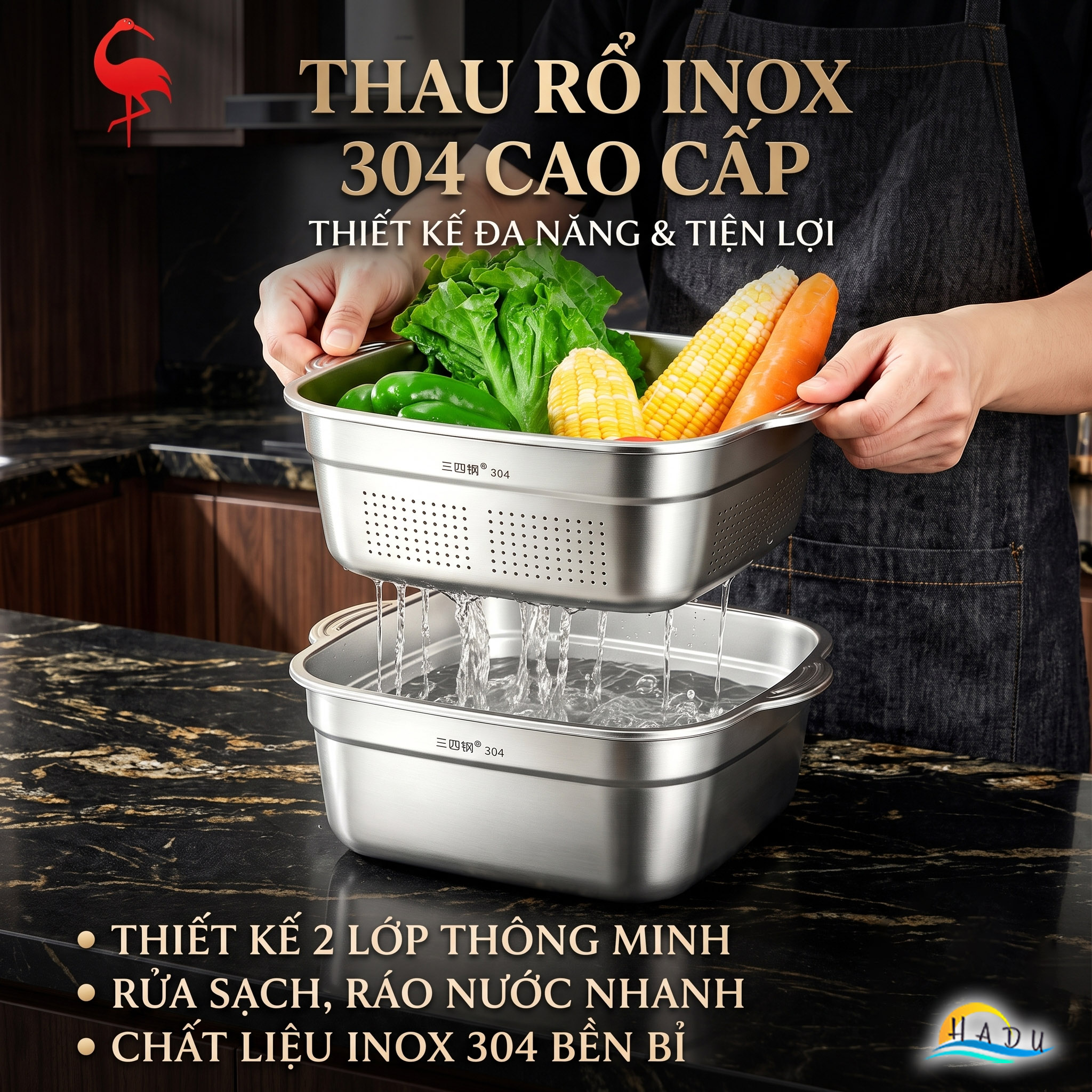 Bộ Thau Rổ Inox 304 Cao Cấp Hình Vuông Thiết Kế 2 Lớp Đa Năng Rửa Rau Củ Quả SSGP