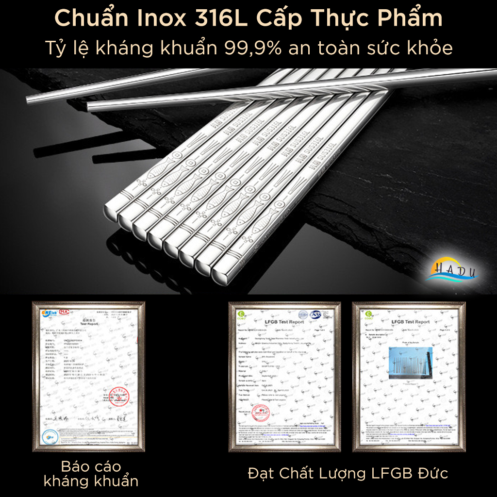 Bộ 10 Đôi Đũa Inox 316L SSGP, Kháng Khuẩn, Cách Nhiệt, Chống Trượt, Dài 23cm, Đạt Chất Lượng LFGB Đức