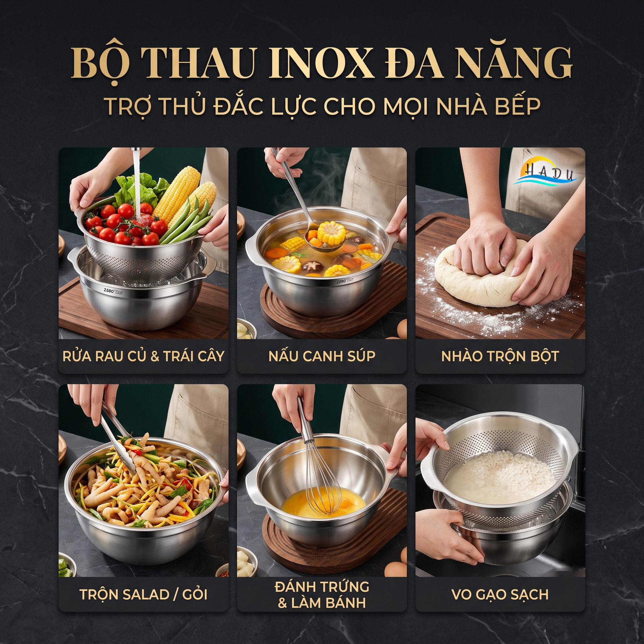 Bộ Rổ Chậu Thau Inox 304 Cao Cấp Dày Dặn Đa Năng Rửa Rau Vo Gạo Trộn Bột 25cm 27cm SSGP