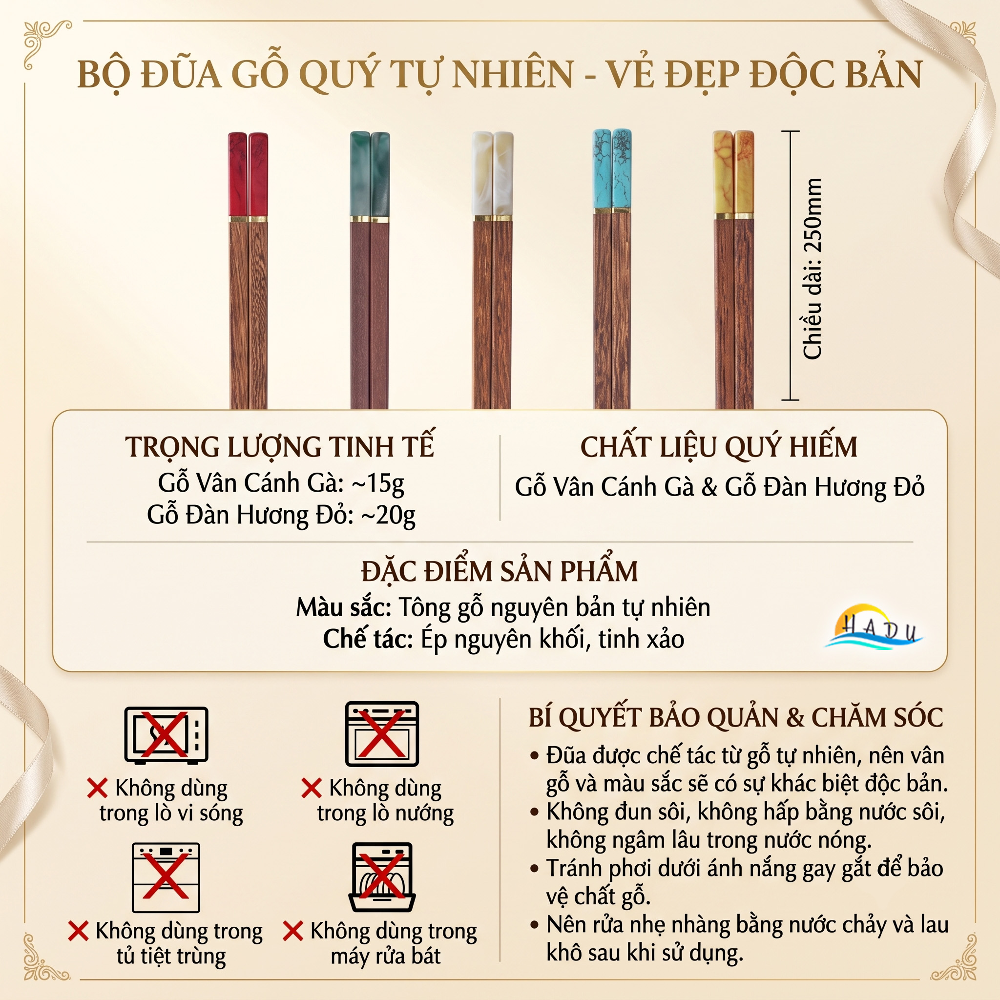 [5 Đôi] Đũa Ăn Cơm Gỗ Tự Nhiên Cánh Gà Cao Cấp Khảm Ngọc Thạch Sang Trọng Chống Ẩm Mốc HADU