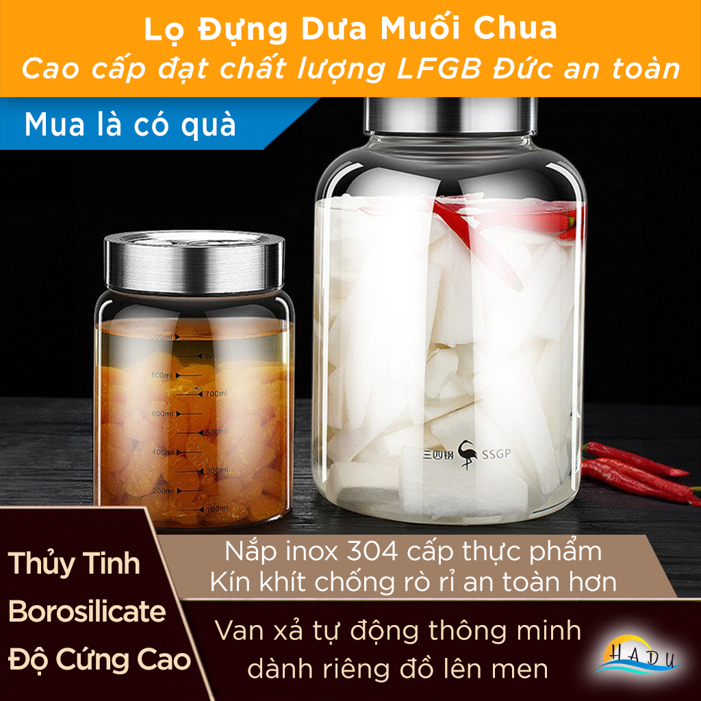 Hũ Thủy Tinh Muối Dưa SSGP, Có Van Xả Khí, Nắp Inox 304, Đạt Chất Lượng LFGB Đức