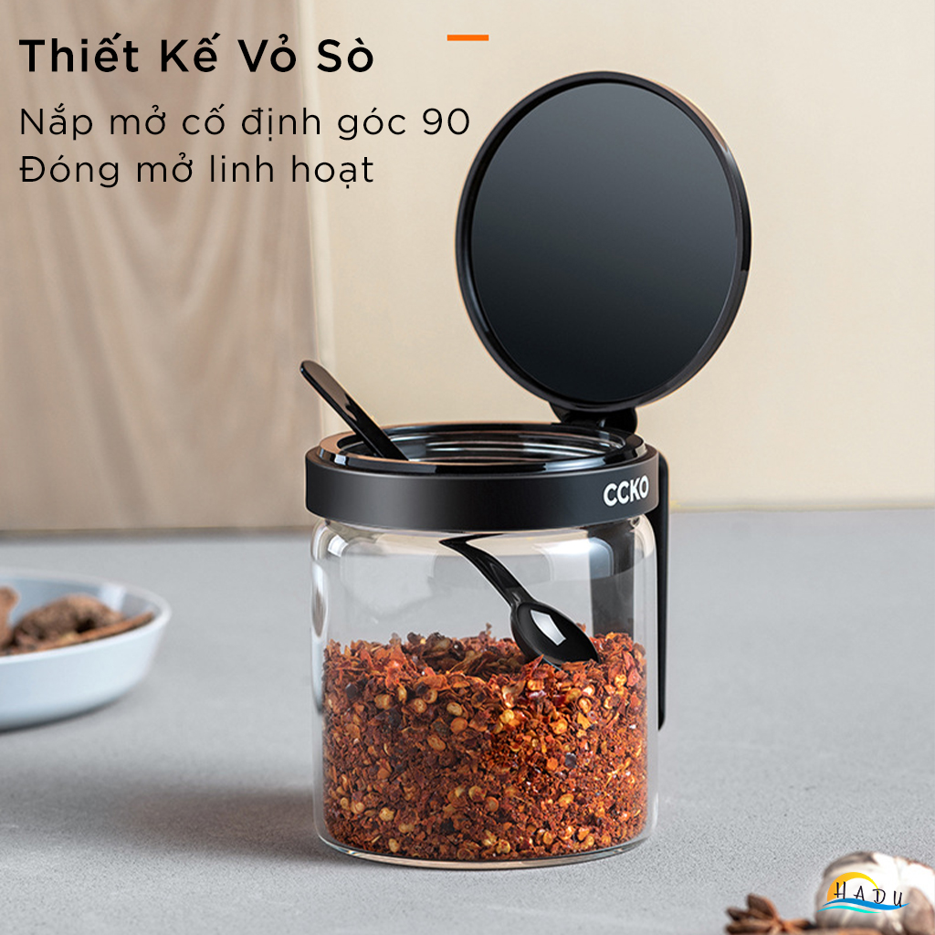 Bộ 3 Hũ Đựng Gia Vị Thủy Tinh CCKO, Nắp Vỏ Sò, Kèm Thìa và Khay