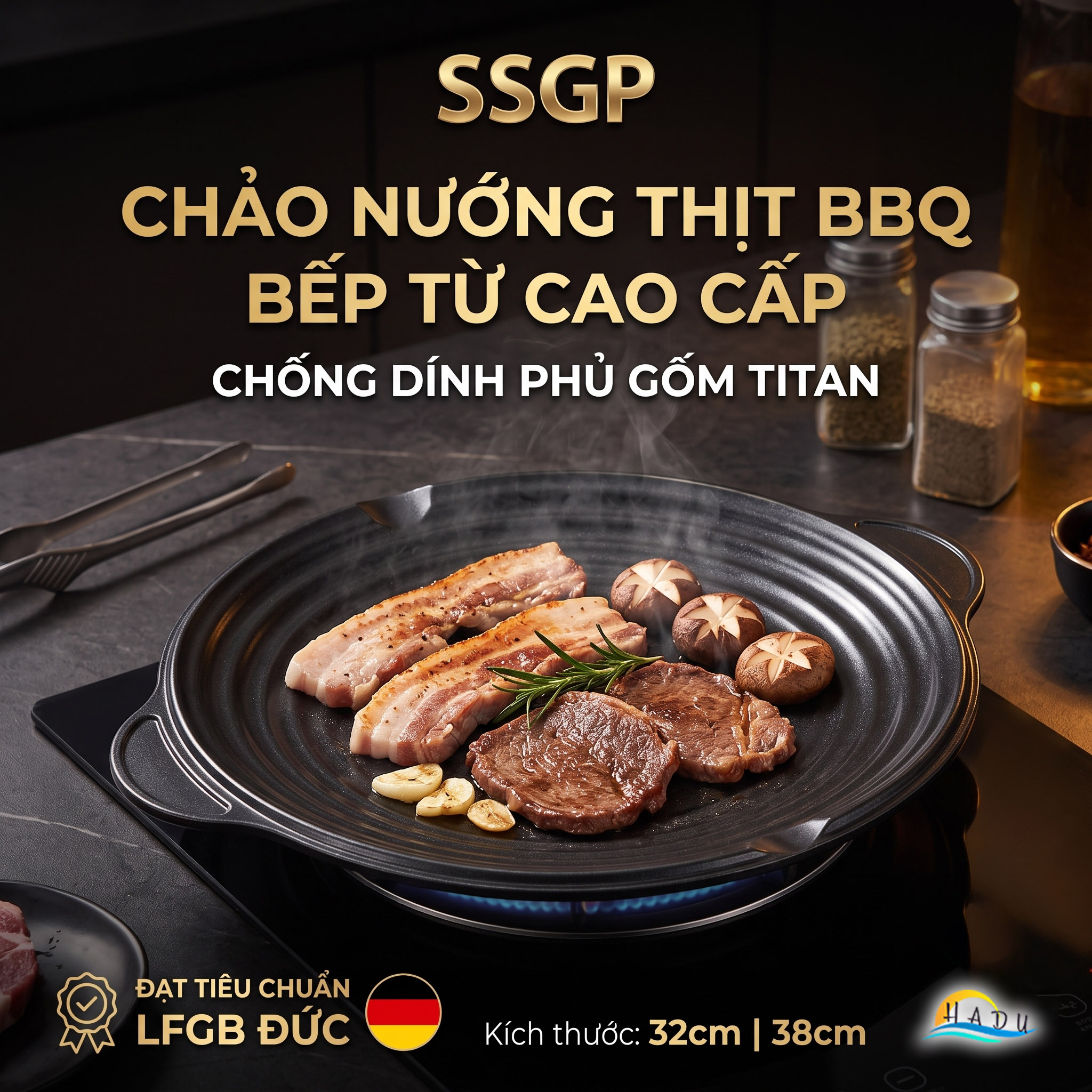 Chảo Nướng Gốm Titan SSGP Chống Dính, Size 32cm 38cm, Độ Cứng 9H, Không PFOA, Đạt Chất Lượng LFGB Đức