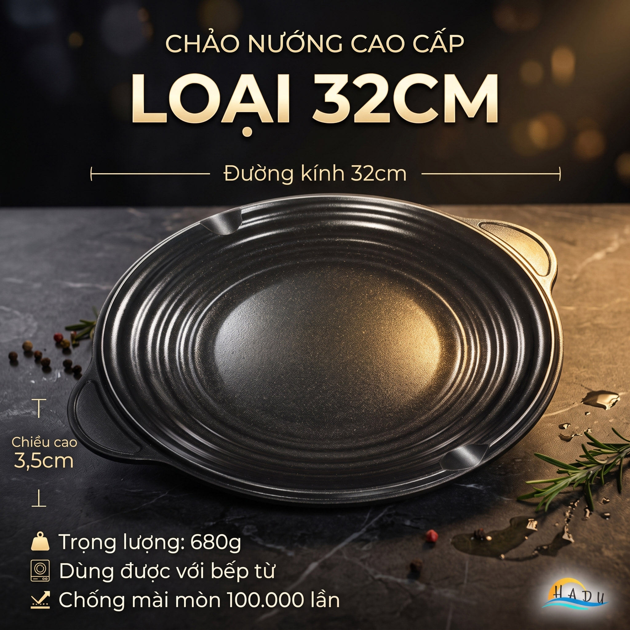 Chảo Nướng Gốm Titan SSGP Chống Dính, Size 32cm 38cm, Độ Cứng 9H, Không PFOA, Đạt Chất Lượng LFGB Đức