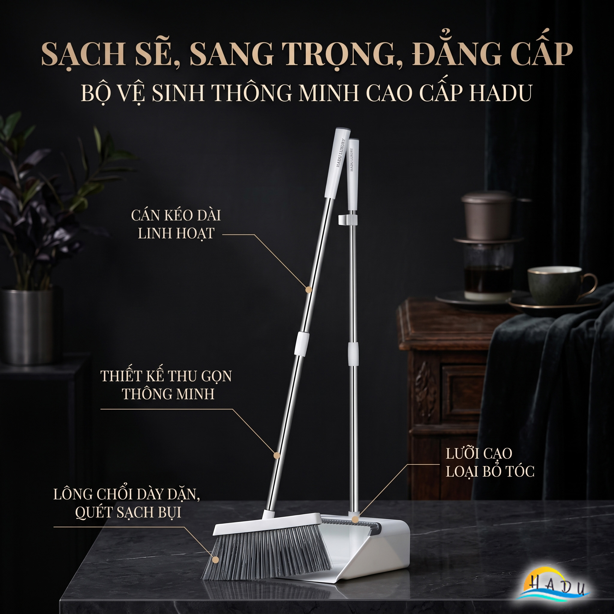 Bộ Chổi và Hót Rác Thông Minh CCKO, Có Lược Cào Tóc, Cán Dài Không Cúi, Lông Chổi Mềm