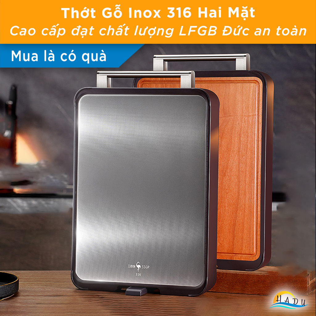 Thớt 2 Mặt SSGP Inox 316 và Gỗ Lim Kháng Khuẩn, 29x41x3cm, 32x45x3cm Đạt Chất Lượng LFGB Đức