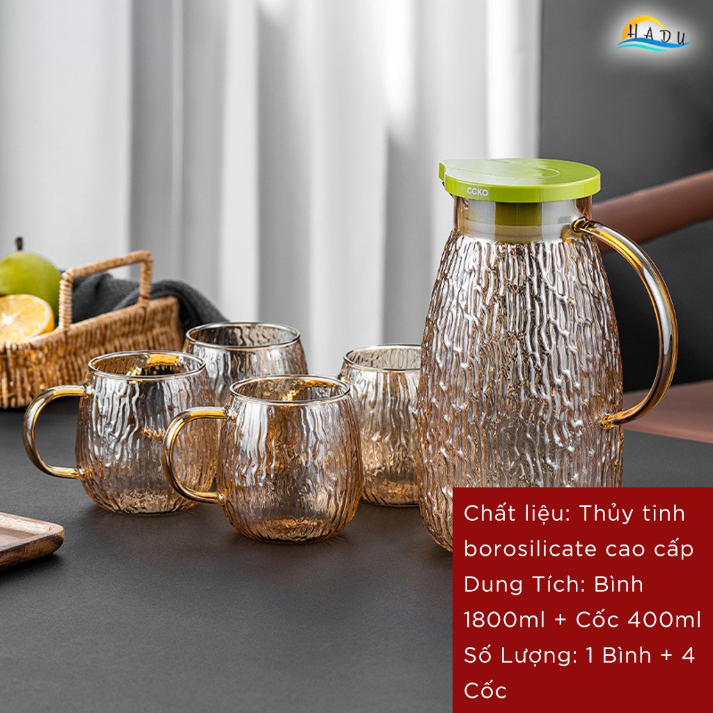 Bộ Bình và Cốc Thủy Tinh CCKO, Bình 1.8L Nắp Tự Động, Chịu Nhiệt, Nhiều Màu