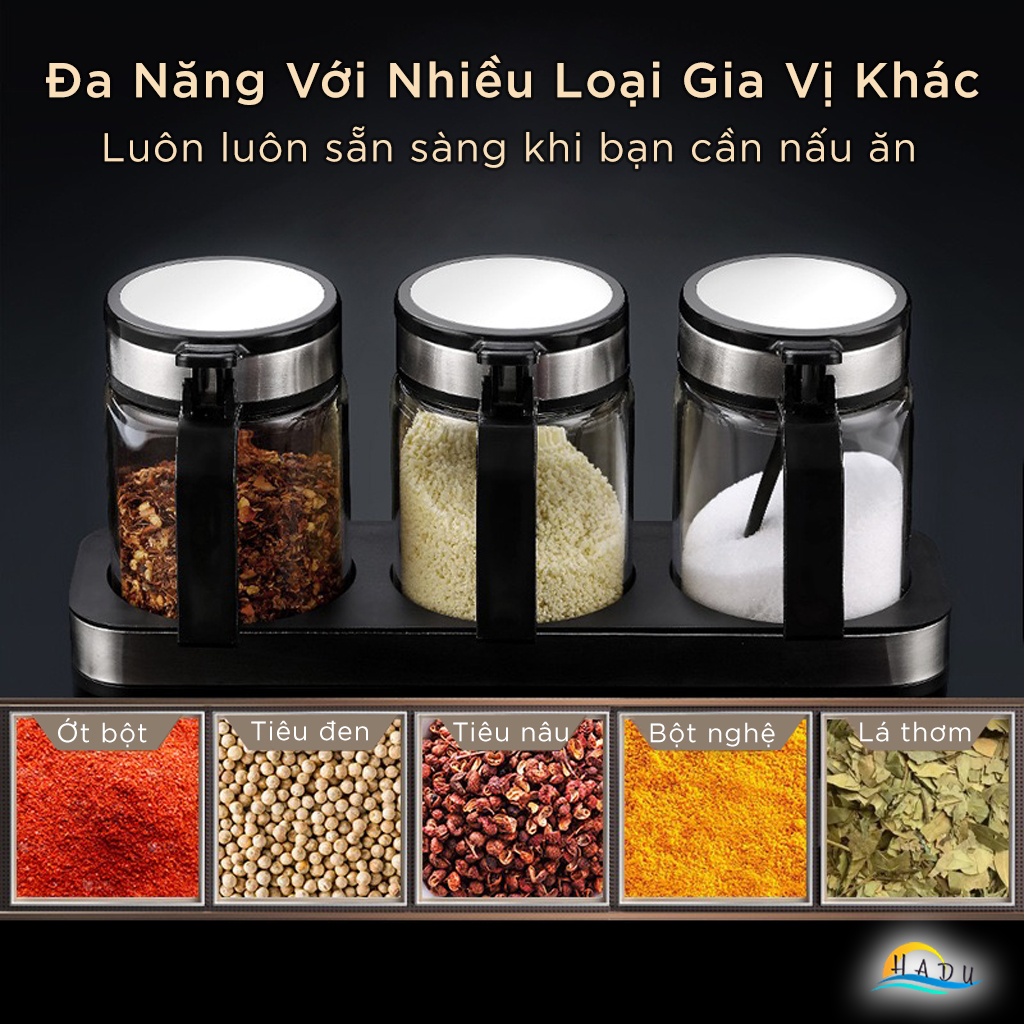 Bộ 3 Hũ Đựng Gia Vị Thủy Tinh SSGP, Nắp Inox 304, Chống Ẩm, Kèm Khay Đựng, Đạt Chất Lượng LFGB Đức