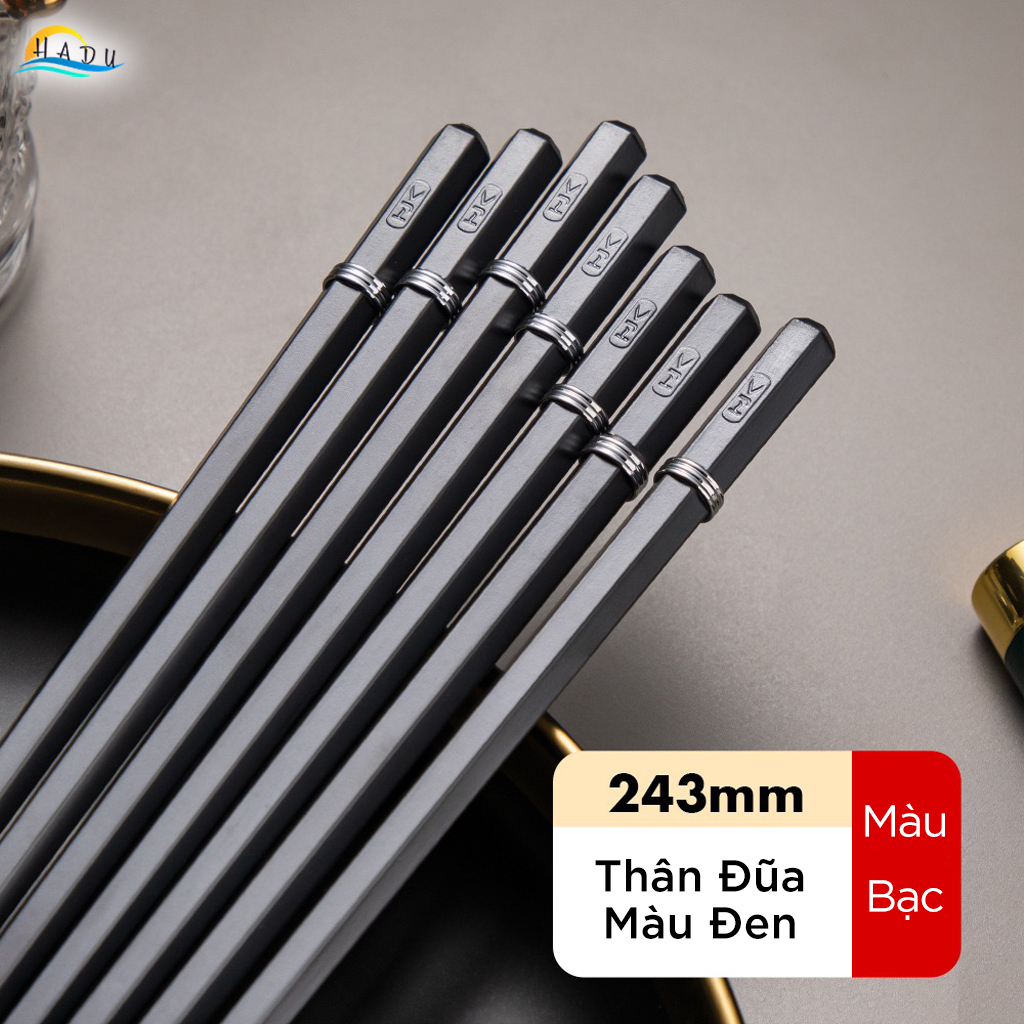 Đũa Ăn Cơm Kiểu Nhật Bản Cao Cấp HADU - Màu Đen Sang Trọng, Viền Kim Loại "King Of Ring", Chống Mốc, Chịu Nhiệt 120°C