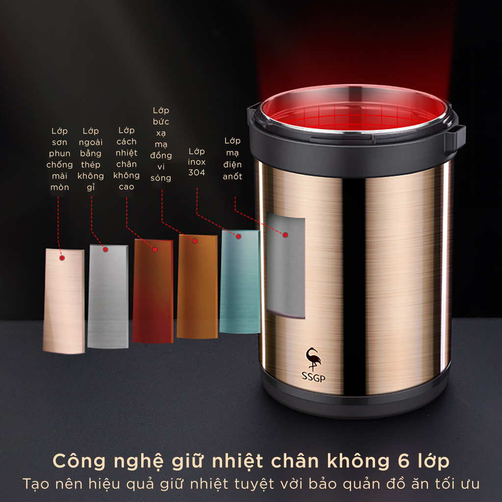 Hộp Đựng Cơm Giữ Nhiệt Inox 304 Cao Cấp, Công Nghệ Chân Không 6 Lớp, Kèm Túi Giữ Nhiệt, Đáy Silicone Chống Trơn, Màu Vàng Đồng SSGP