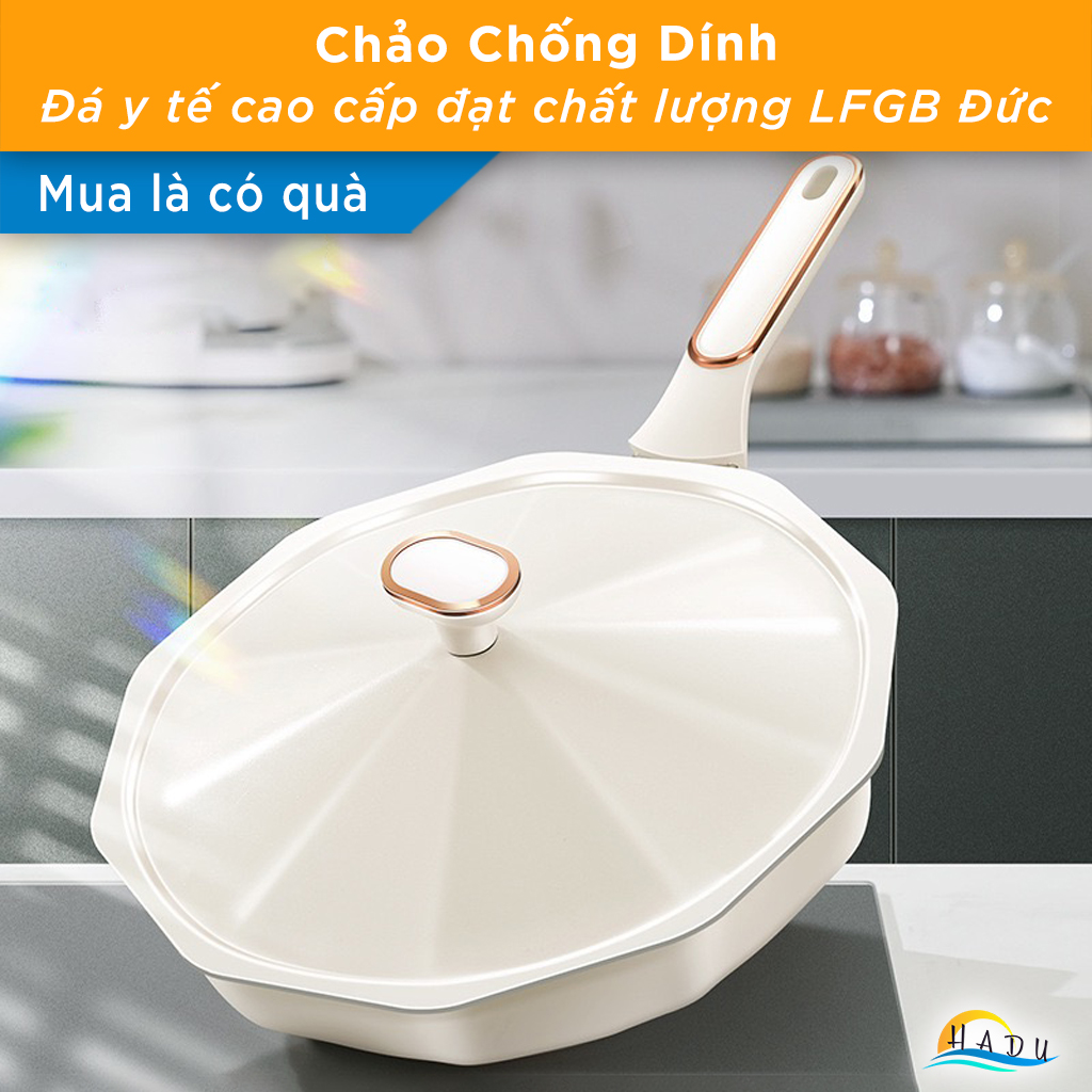Chảo Chống Dính Bếp Từ SSGP 30cm, Nắp Xoay Điều Áp, Phủ Đá Y Tế, Màu Trắng, Đạt Chất Lượng LFGB Đức