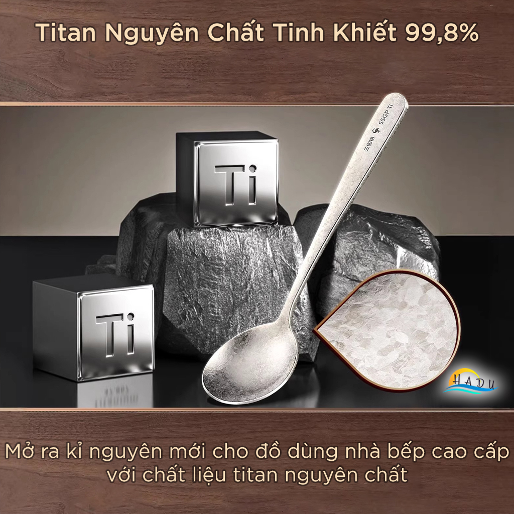 Thìa Ăn Cơm Titan Nguyên Chất 99.8% SSGP, Muỗng Siêu Nhẹ 25g Họa Tiết Hoa Băng Đạt Chất Lượng LFGB Đức Cao Cấp