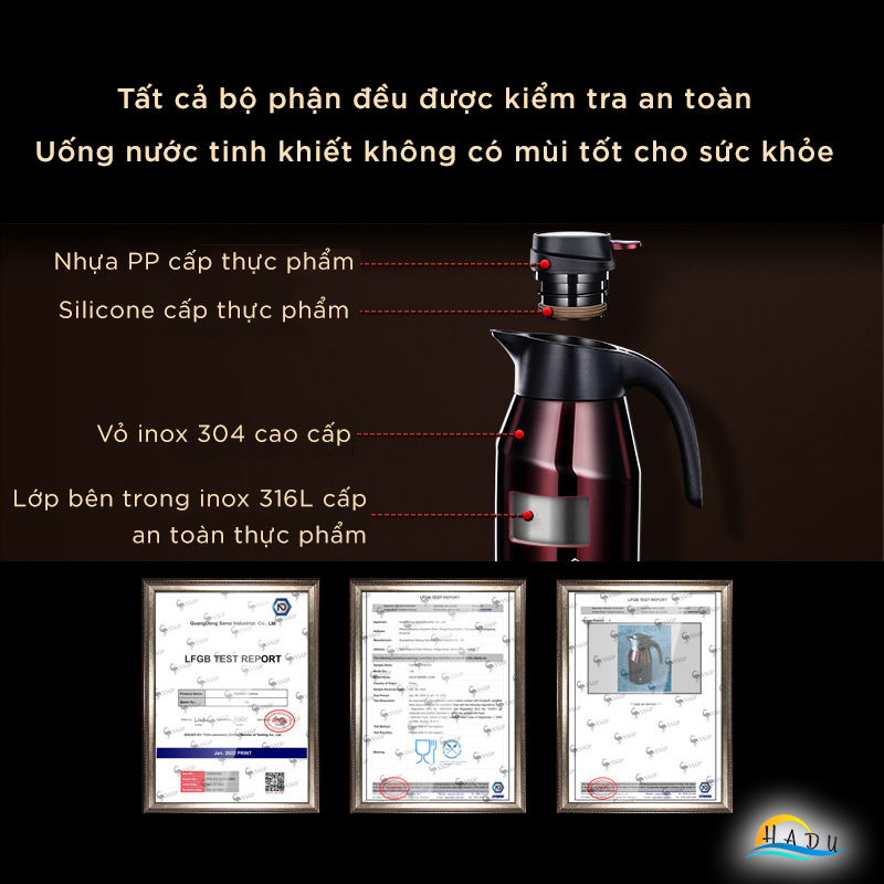 Bình Đựng Nước Giữ Nhiệt 2 Lít Cao Cấp Inox 316 Đạt Chất Lượng Đức SSGP